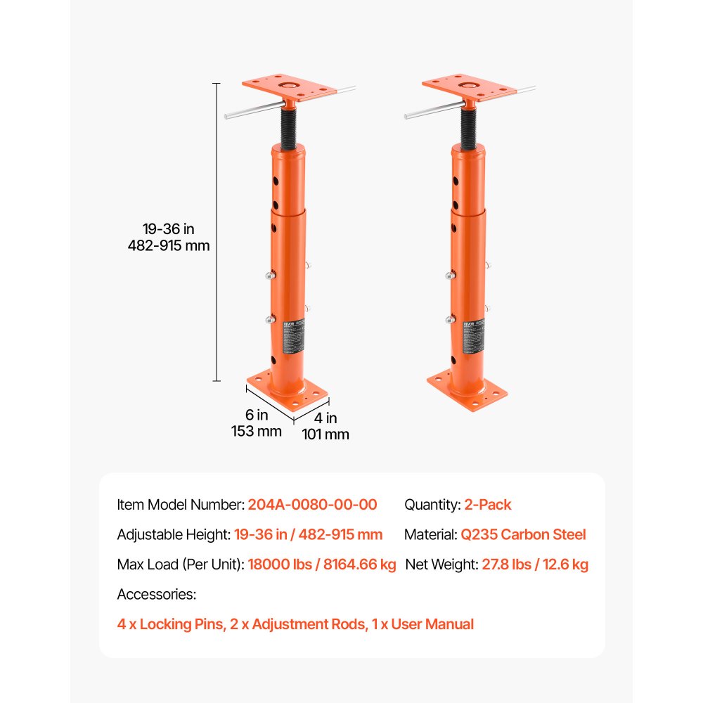 VEVOR House Floor Jacks, 2 Pack 19-36 Inch Height Range, 18000 lbs Max Load Capacity, Adjustable Support Beam Basement Jack Post Pole for Leveling, Lift Steel Telescoping Post for Temporary Support