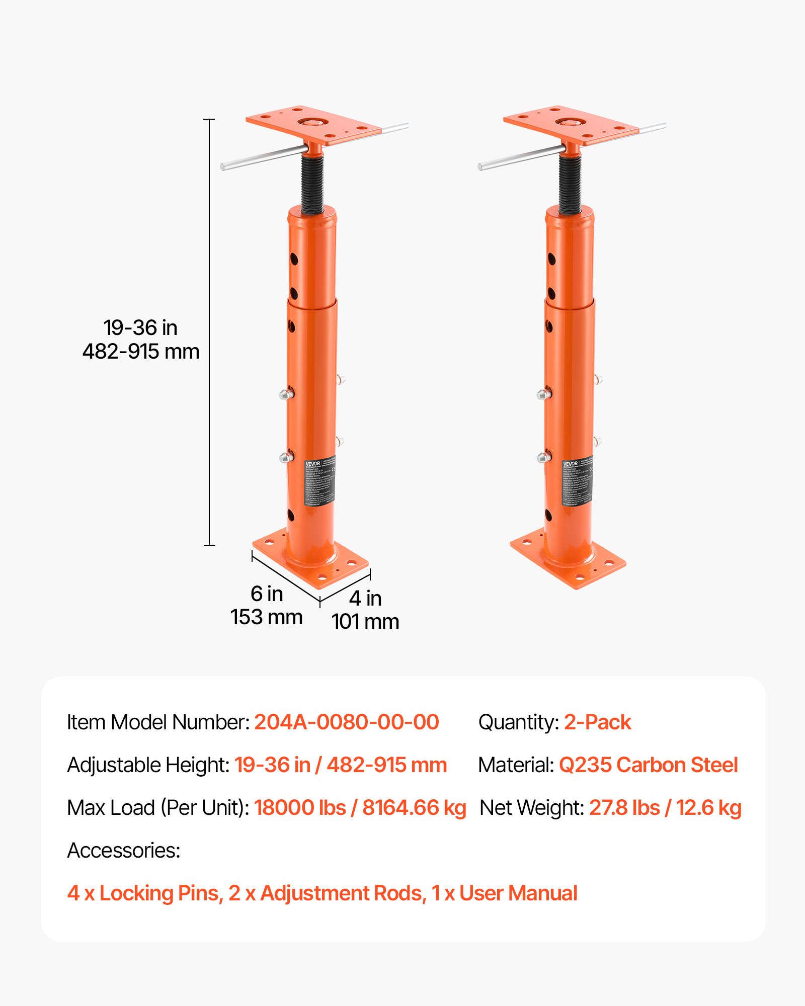 VEVOR House Floor Jacks, 2 Pack 19-36 Inch Height Range, 18000 lbs Max Load Capacity, Adjustable Support Beam Basement Jack Post Pole for Leveling, Lift Steel Telescoping Post for Temporary Support