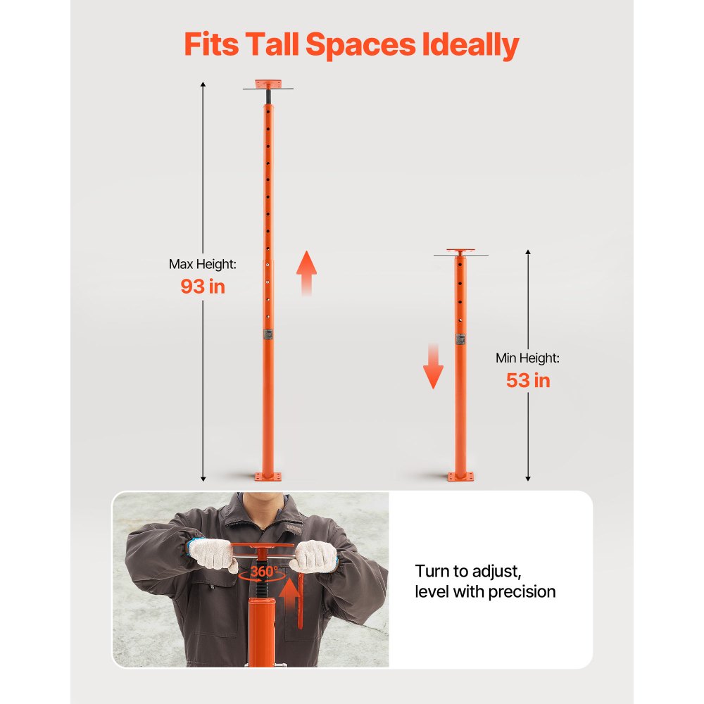VEVOR House Floor Jacks, 2 Pack 53-93 Inch Height Range, 18000 lbs Max Load Capacity, Adjustable Support Beam Basement Jack Post Pole for Leveling, Lift Steel Telescoping Post for Temporary Support