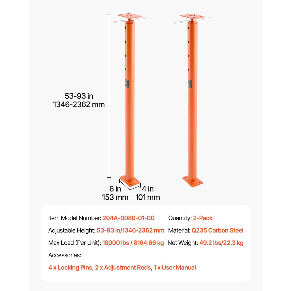 VEVOR House Floor Jacks, 2 Pack 53-93 Inch Height Range, 18000 lbs Max Load Capacity, Adjustable Support Beam Basement Jack Post Pole for Leveling, Lift Steel Telescoping Post for Temporary Support