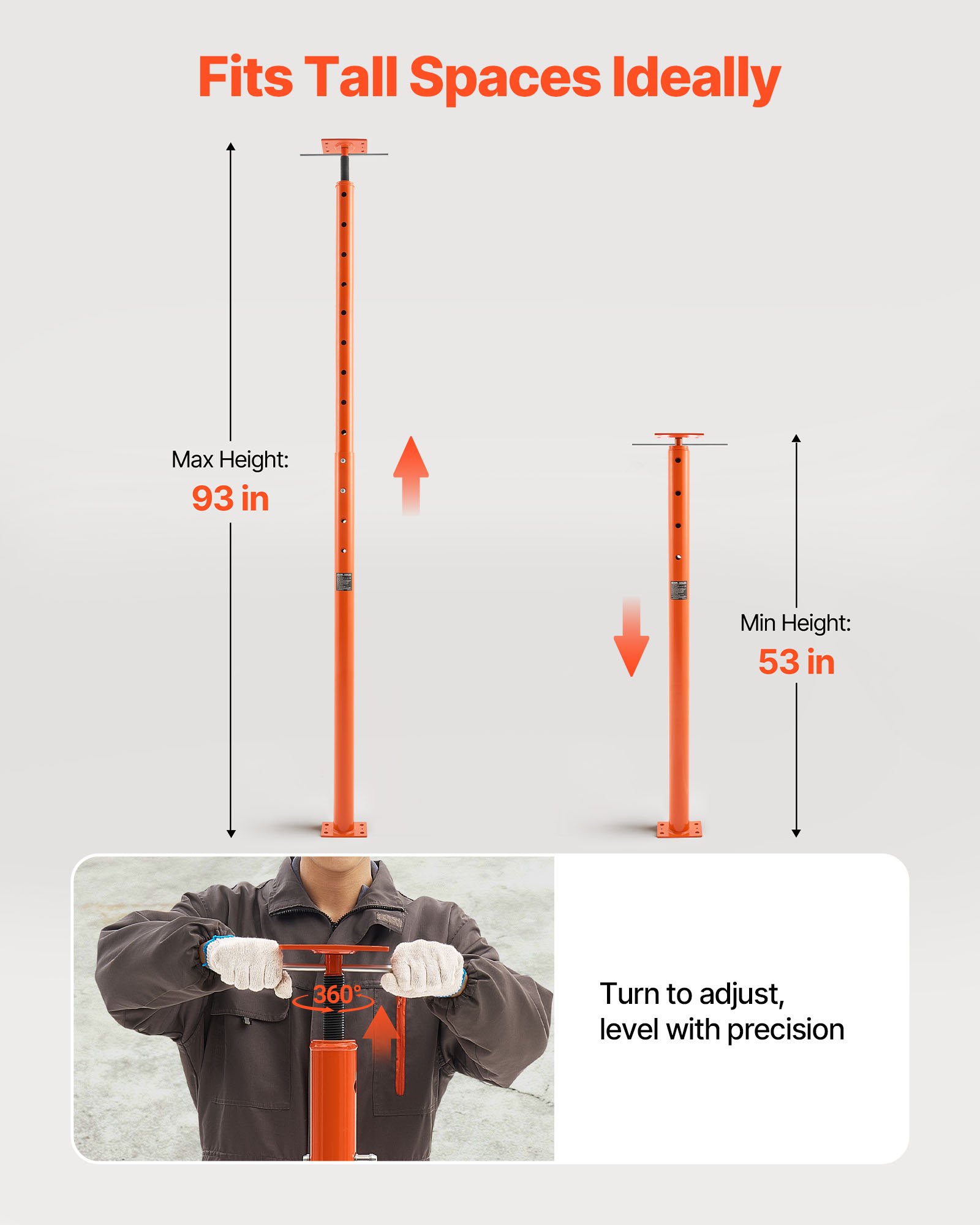 VEVOR House Floor Jacks, 2 Pack 53-93 Inch Height Range, 18000 lbs Max Load Capacity, Adjustable Support Beam Basement Jack Post Pole for Leveling, Lift Steel Telescoping Post for Temporary Support