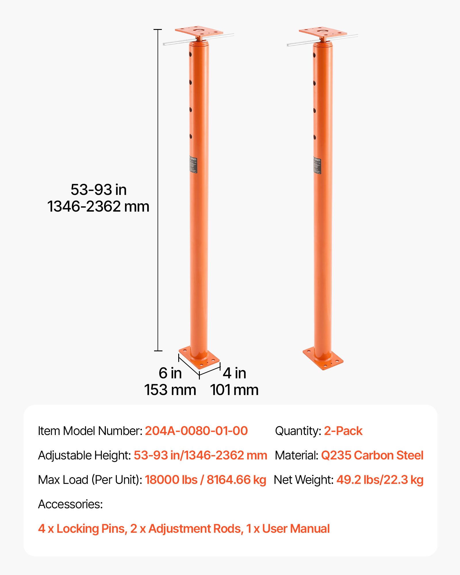 VEVOR House Floor Jacks, 2 Pack 53-93 Inch Height Range, 18000 lbs Max Load Capacity, Adjustable Support Beam Basement Jack Post Pole for Leveling, Lift Steel Telescoping Post for Temporary Support