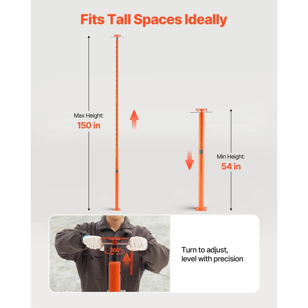 VEVOR House Floor Jacks, 2 Pack 54-150 Inch Height Range, 11200 lbs Max Load Capacity, Adjustable Support Beam Basement Jack Post Pole for Leveling, Lift Steel Telescoping Post for Temporary Support