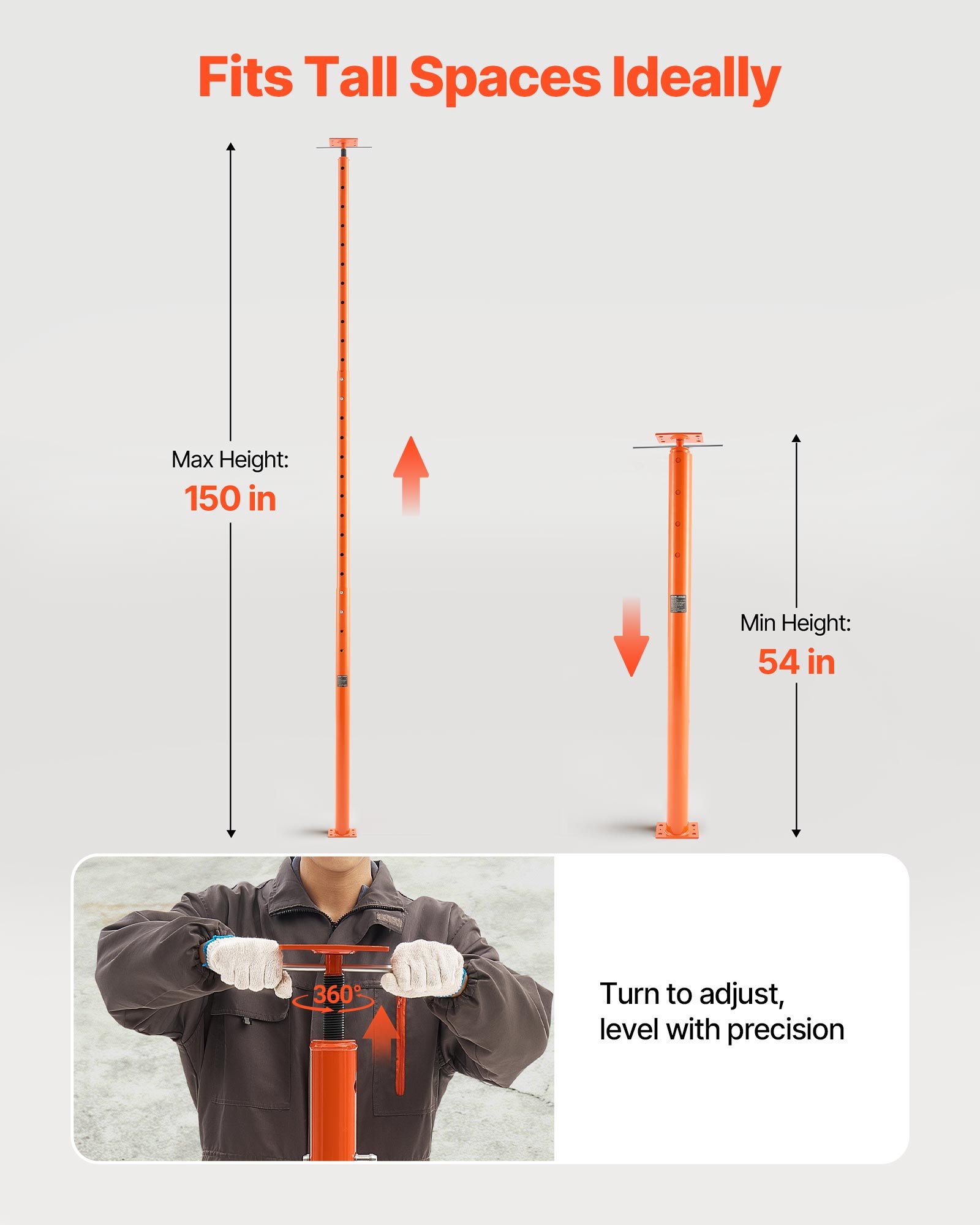VEVOR House Floor Jacks, 2 Pack 54-150 Inch Height Range, 11200 lbs Max Load Capacity, Adjustable Support Beam Basement Jack Post Pole for Leveling, Lift Steel Telescoping Post for Temporary Support
