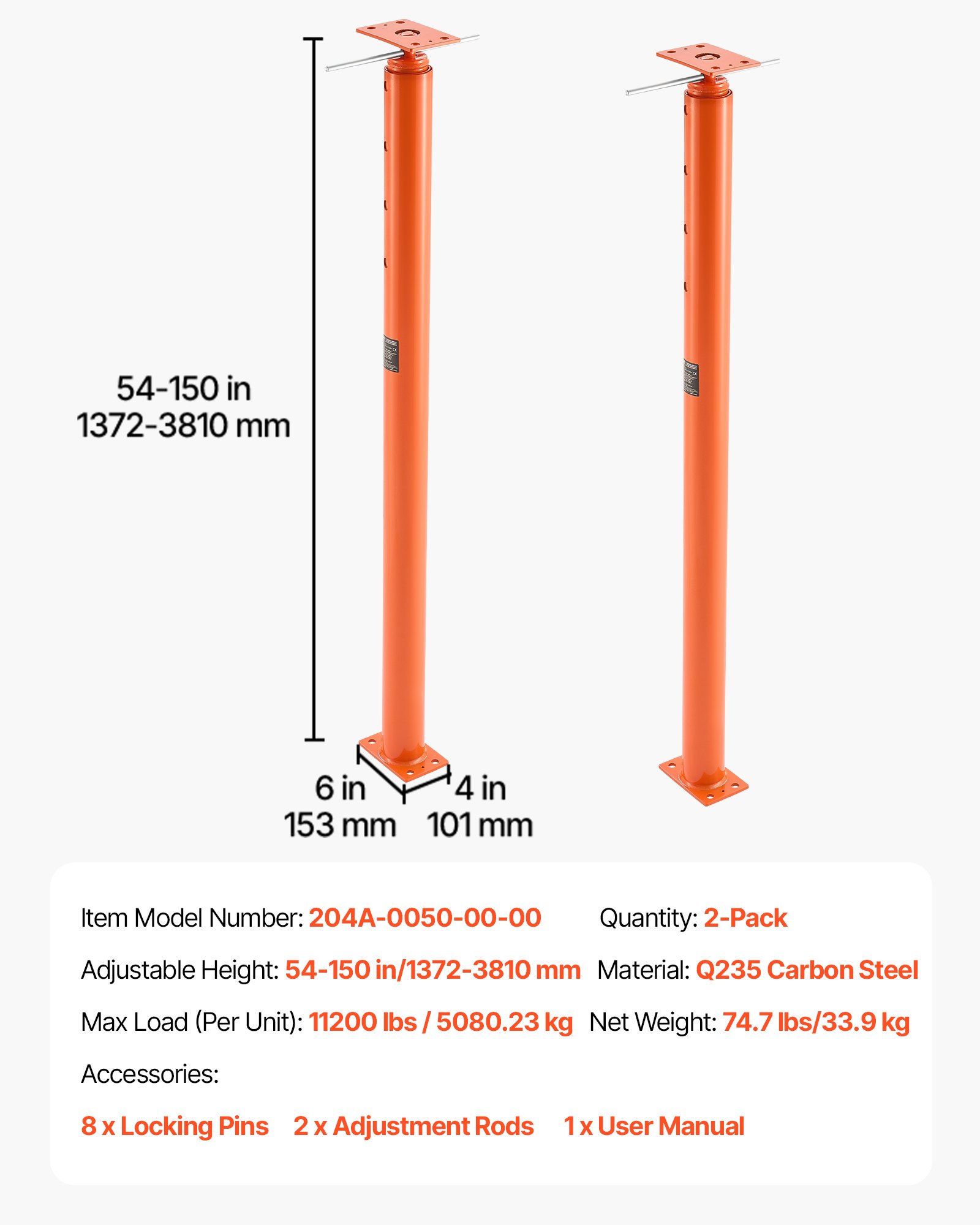 VEVOR House Floor Jacks, 2 Pack 54-150 Inch Height Range, 11200 lbs Max Load Capacity, Adjustable Support Beam Basement Jack Post Pole for Leveling, Lift Steel Telescoping Post for Temporary Support