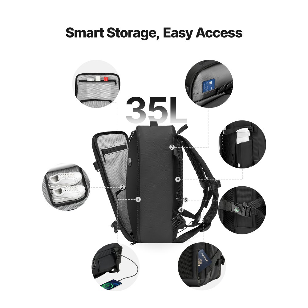 VEVOR Vacuum Travel Backpack, 35L, Vacuum Seal Compression Travel Backpack with Air Pump, Multiple Pockets & Compartments, Water-Resistant Carry-On Suitcase Luggage, Casual Personal Item Bag, Black