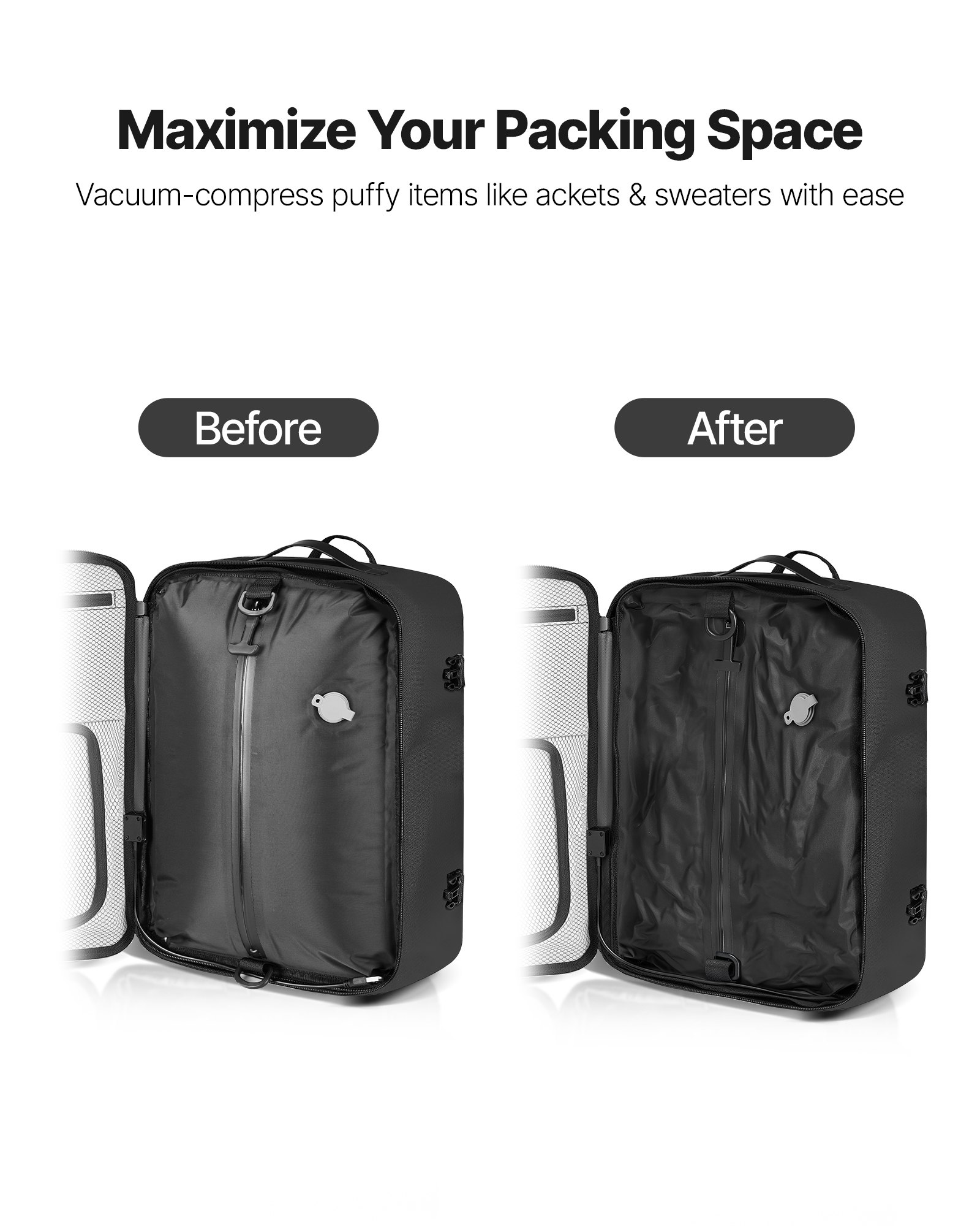 VEVOR Vacuum Travel Backpack, 35L, Vacuum Seal Compression Travel Backpack with Air Pump, Multiple Pockets & Compartments, Water-Resistant Carry-On Suitcase Luggage, Casual Personal Item Bag, Black