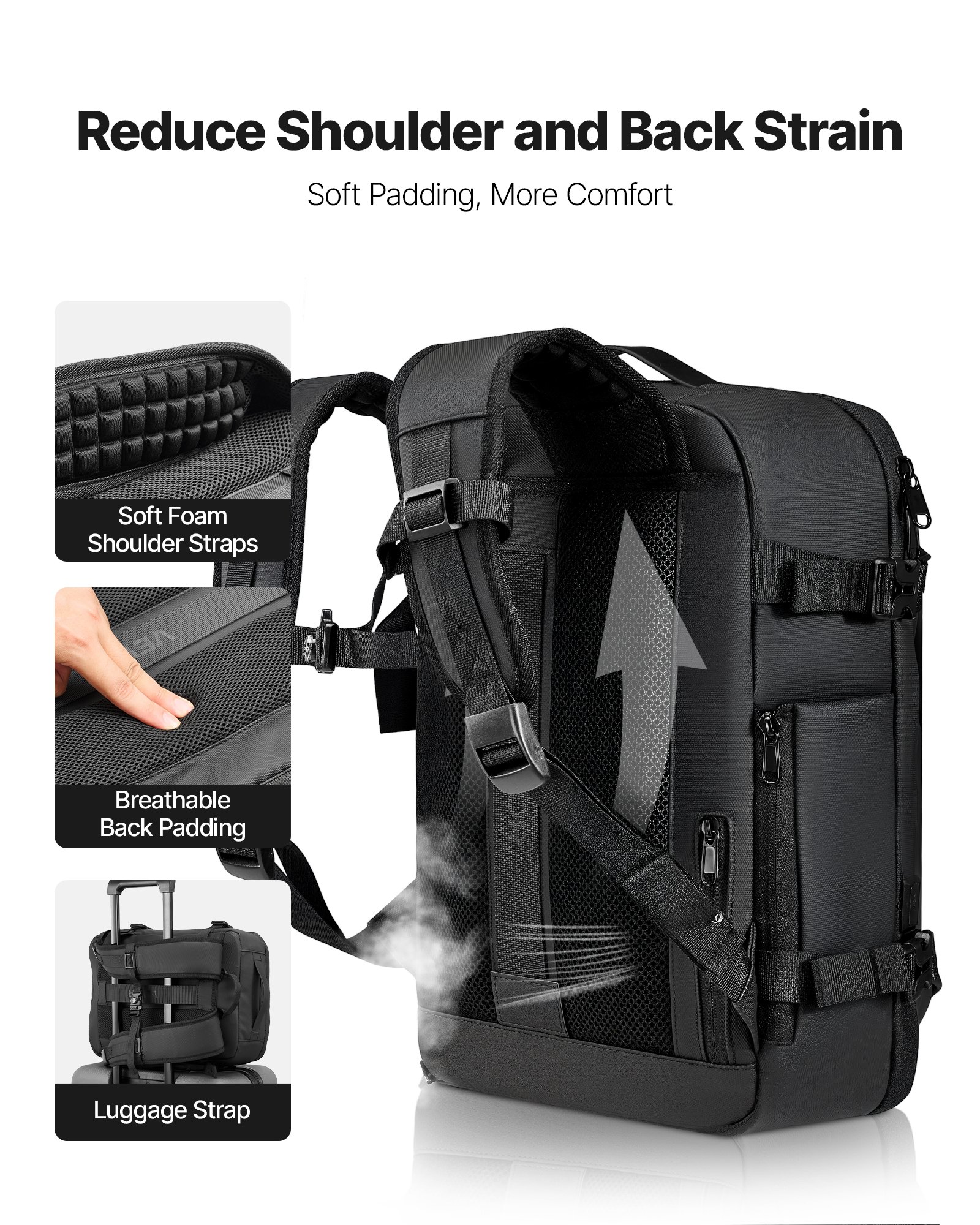 VEVOR Vacuum Travel Backpack, 35L, Vacuum Seal Compression Travel Backpack with Air Pump, Multiple Pockets & Compartments, Water-Resistant Carry-On Suitcase Luggage, Casual Personal Item Bag, Black