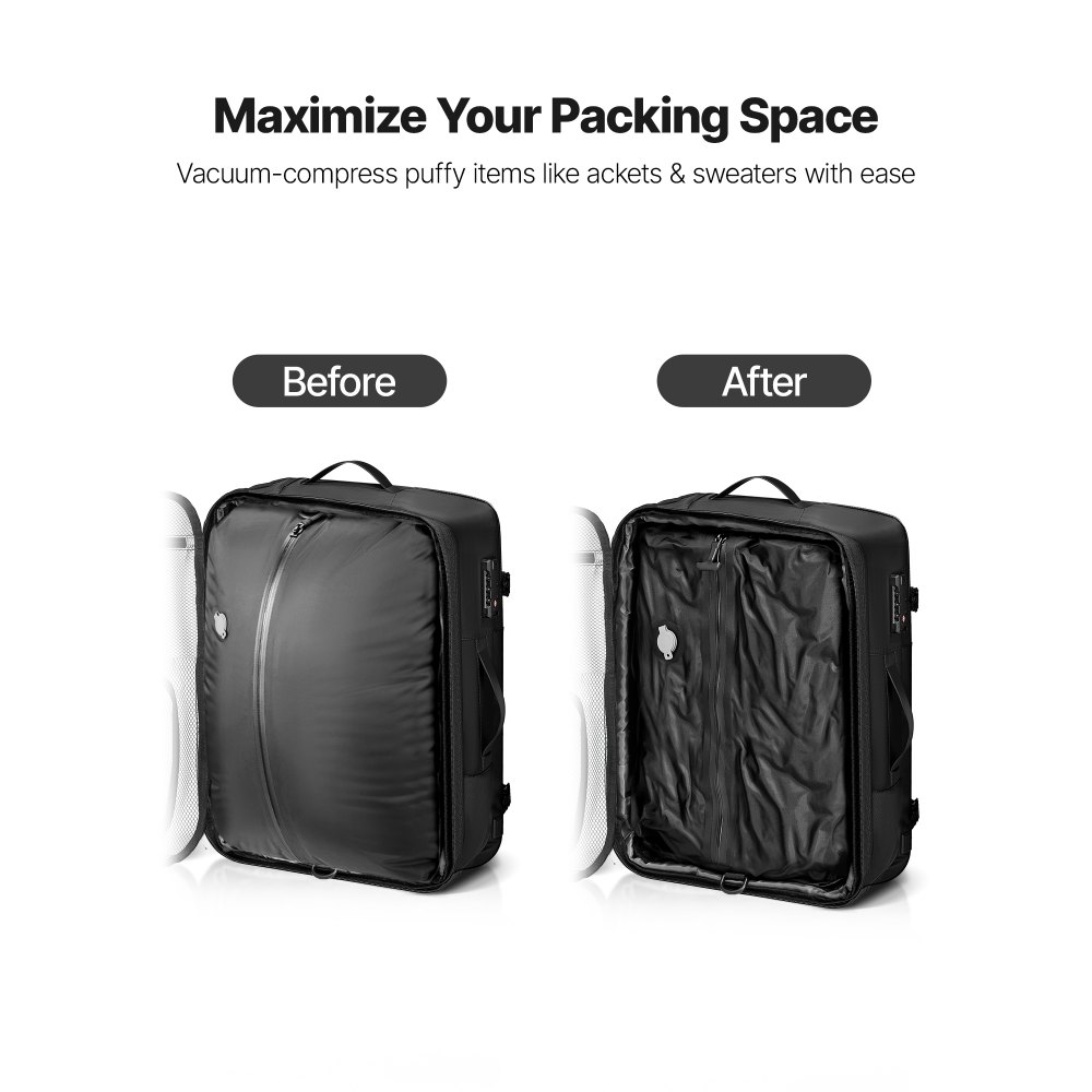 VEVOR Vacuum Travel Backpack, 65L, Expandable Vacuum Seal Compression Travel Backpack with Pump, with TSA-Approved Lock, Airback Vacpack, Water-Resistant Carry-On Suitcase Luggage, for Business, Black
