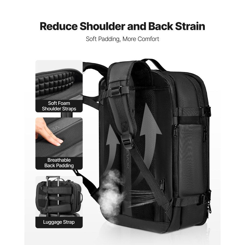 VEVOR Vacuum Travel Backpack, 65L, Expandable Vacuum Seal Compression Travel Backpack with Pump, with TSA-Approved Lock, Airback Vacpack, Water-Resistant Carry-On Suitcase Luggage, for Business, Black