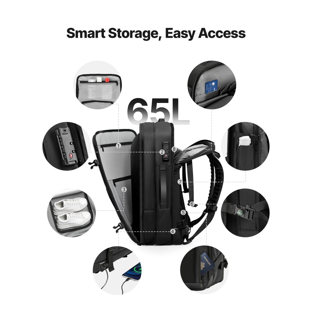 VEVOR Vacuum Travel Backpack, 65L, Expandable Vacuum Seal Compression Travel Backpack with Pump, with TSA-Approved Lock, Airback Vacpack, Water-Resistant Carry-On Suitcase Luggage, for Business, Gray
