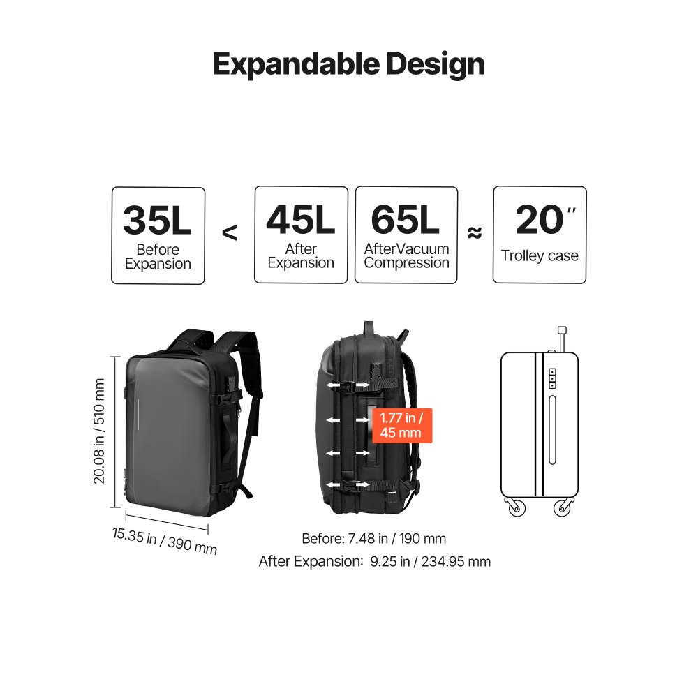 VEVOR Vacuum Travel Backpack, 65L, Expandable Vacuum Seal Compression Travel Backpack with Pump, with TSA-Approved Lock, Airback Vacpack, Water-Resistant Carry-On Suitcase Luggage, for Business, Gray