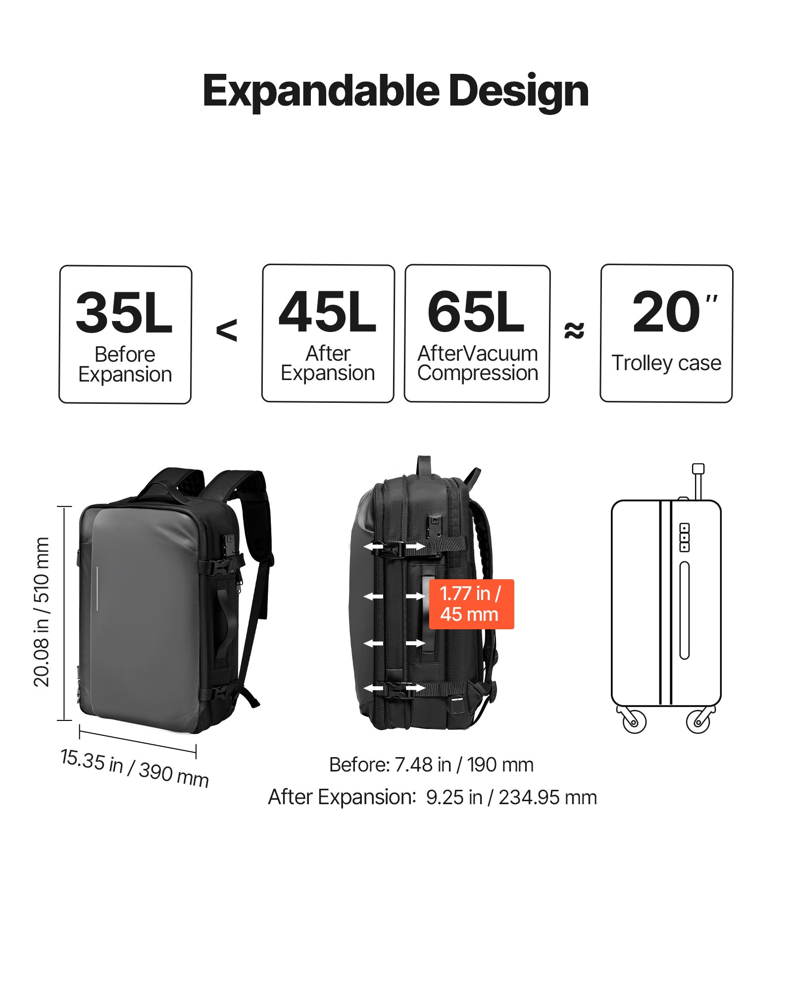 VEVOR Vacuum Travel Backpack, 65L, Expandable Vacuum Seal Compression Travel Backpack with Pump, with TSA-Approved Lock, Airback Vacpack, Water-Resistant Carry-On Suitcase Luggage, for Business, Gray