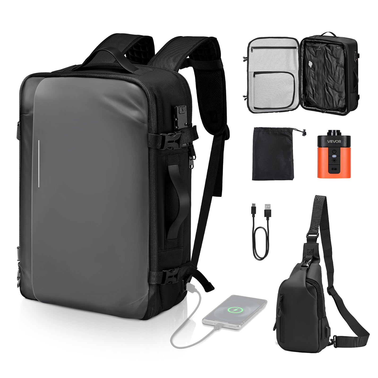 VEVOR Vacuum Travel Backpack, 65L, Expandable Vacuum Seal Compression Travel Backpack with Pump, with TSA-Approved Lock, Airback Vacpack, Water-Resistant Carry-On Suitcase Luggage, for Business, Gray