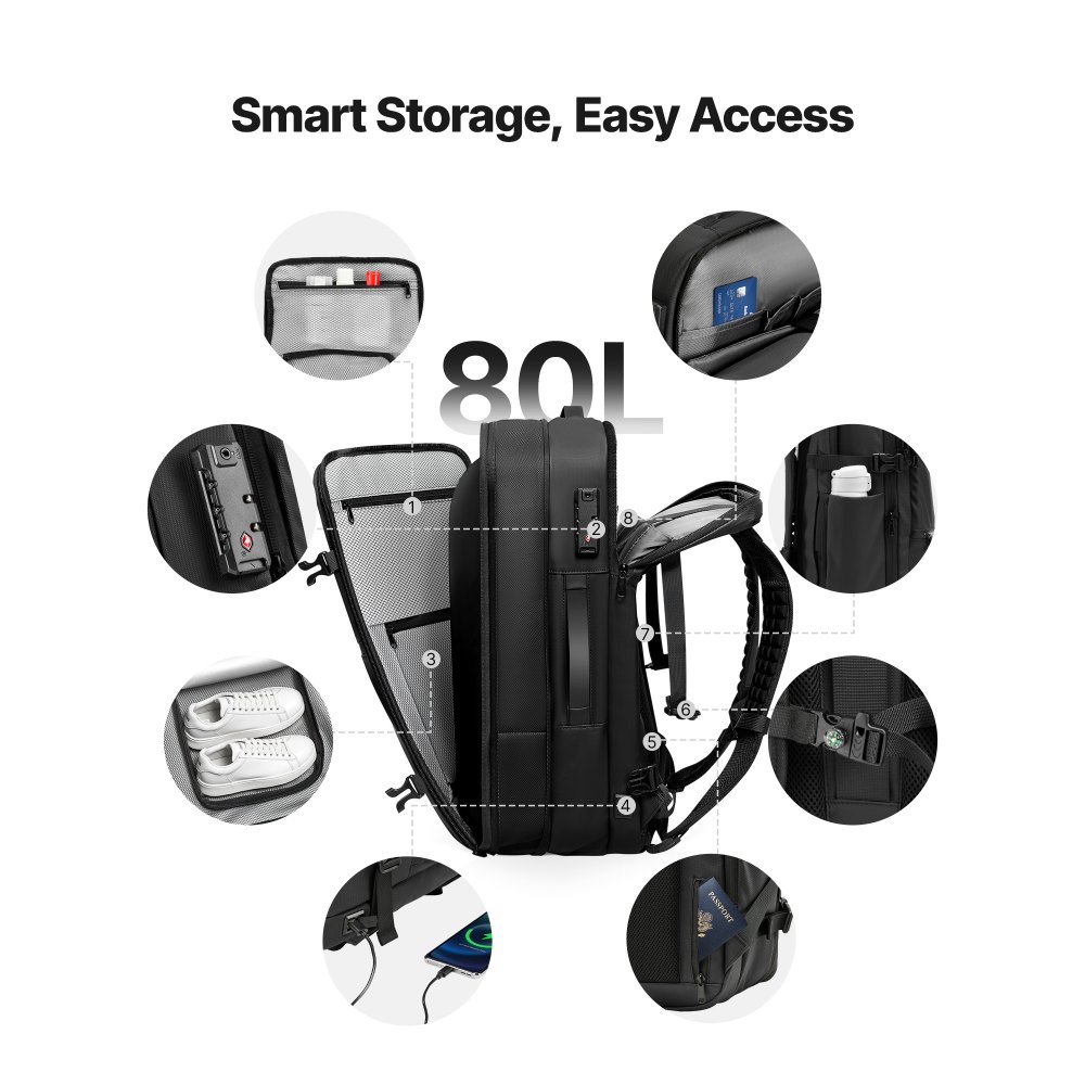 VEVOR Vacuum Travel Backpack, 80L, Expandable Vacuum Seal Compression Travel Backpack with Pump, with TSA-Approved Lock, Airback Vacpack, Water-Resistant Carry-On Suitcase Luggage, for Business, Black