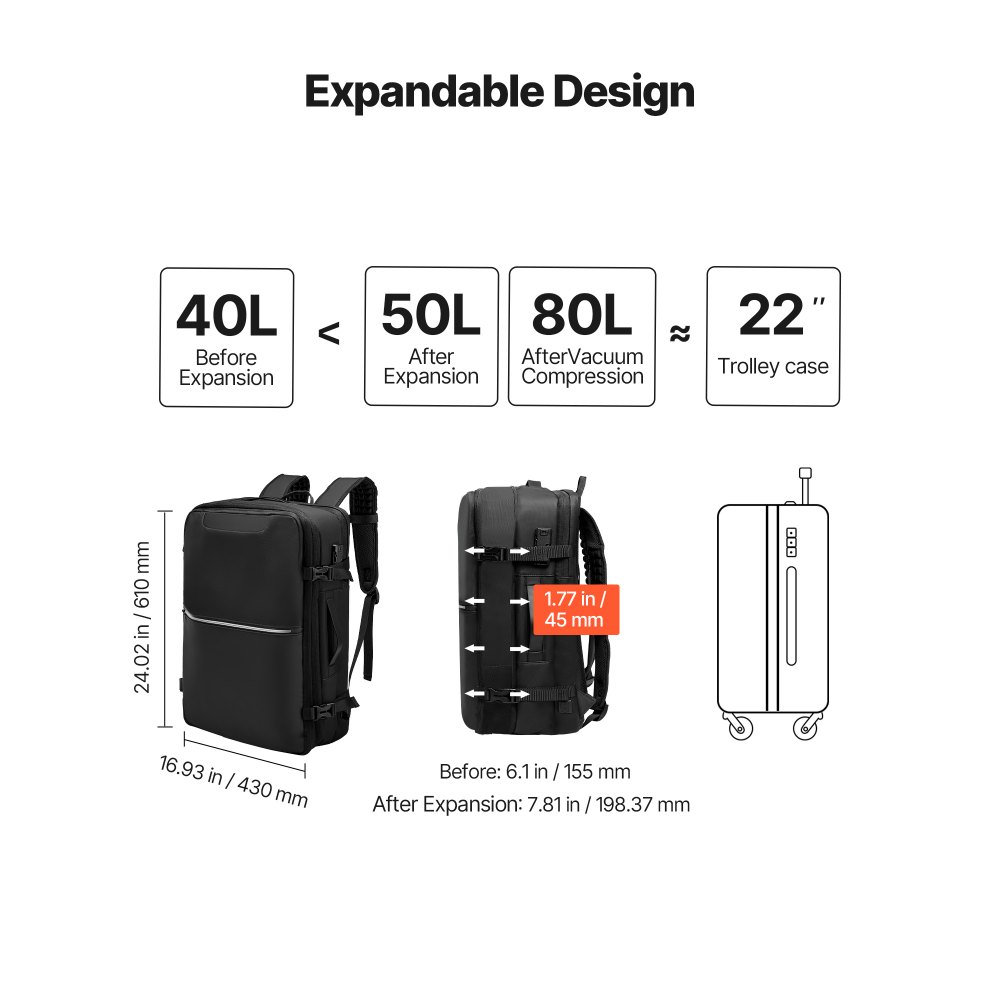 VEVOR Vacuum Travel Backpack, 80L, Expandable Vacuum Seal Compression Travel Backpack with Pump, with TSA-Approved Lock, Airback Vacpack, Water-Resistant Carry-On Suitcase Luggage, for Business, Black