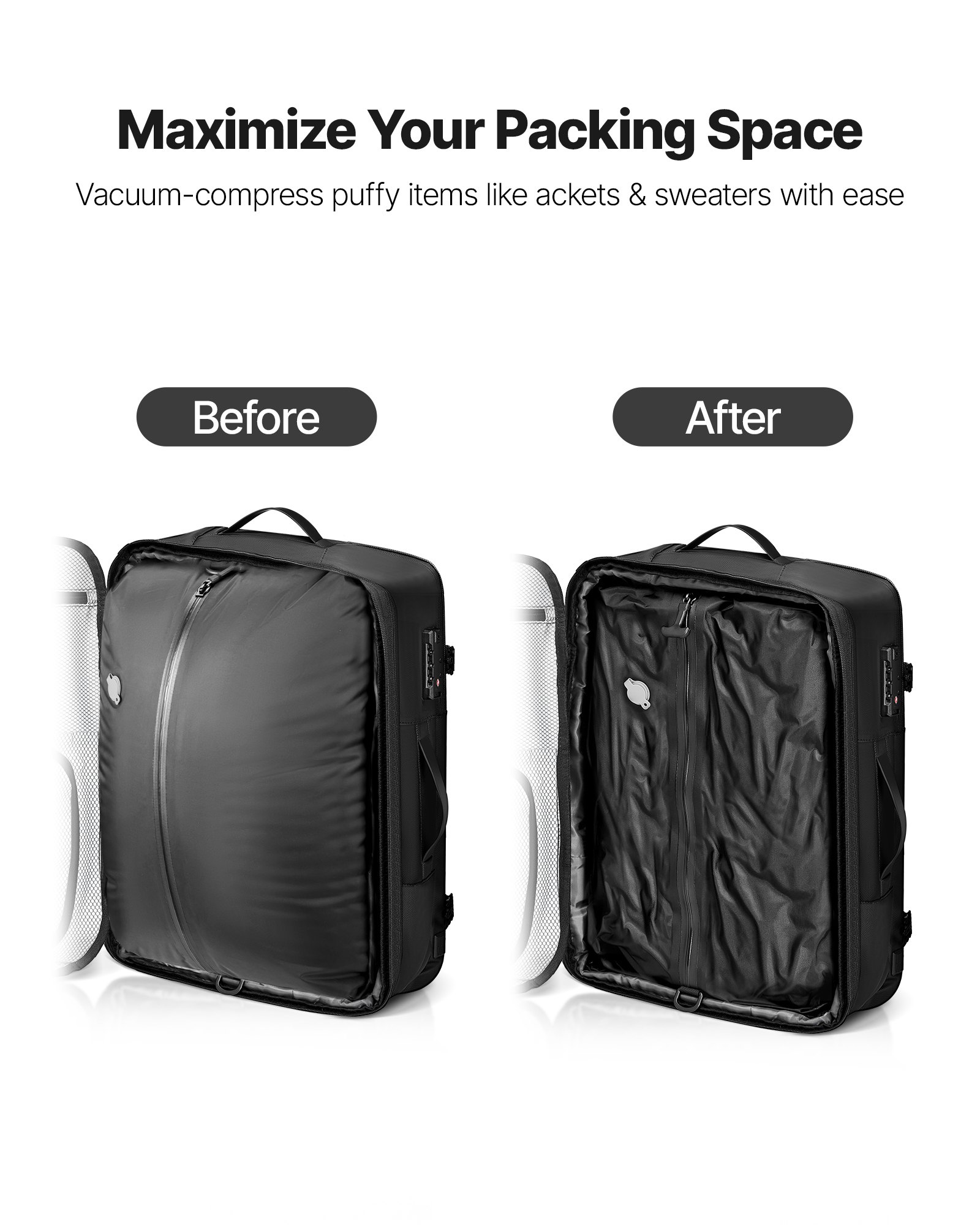 VEVOR Vacuum Travel Backpack, 80L, Expandable Vacuum Seal Compression Travel Backpack with Pump, with TSA-Approved Lock, Airback Vacpack, Water-Resistant Carry-On Suitcase Luggage, for Business, Black