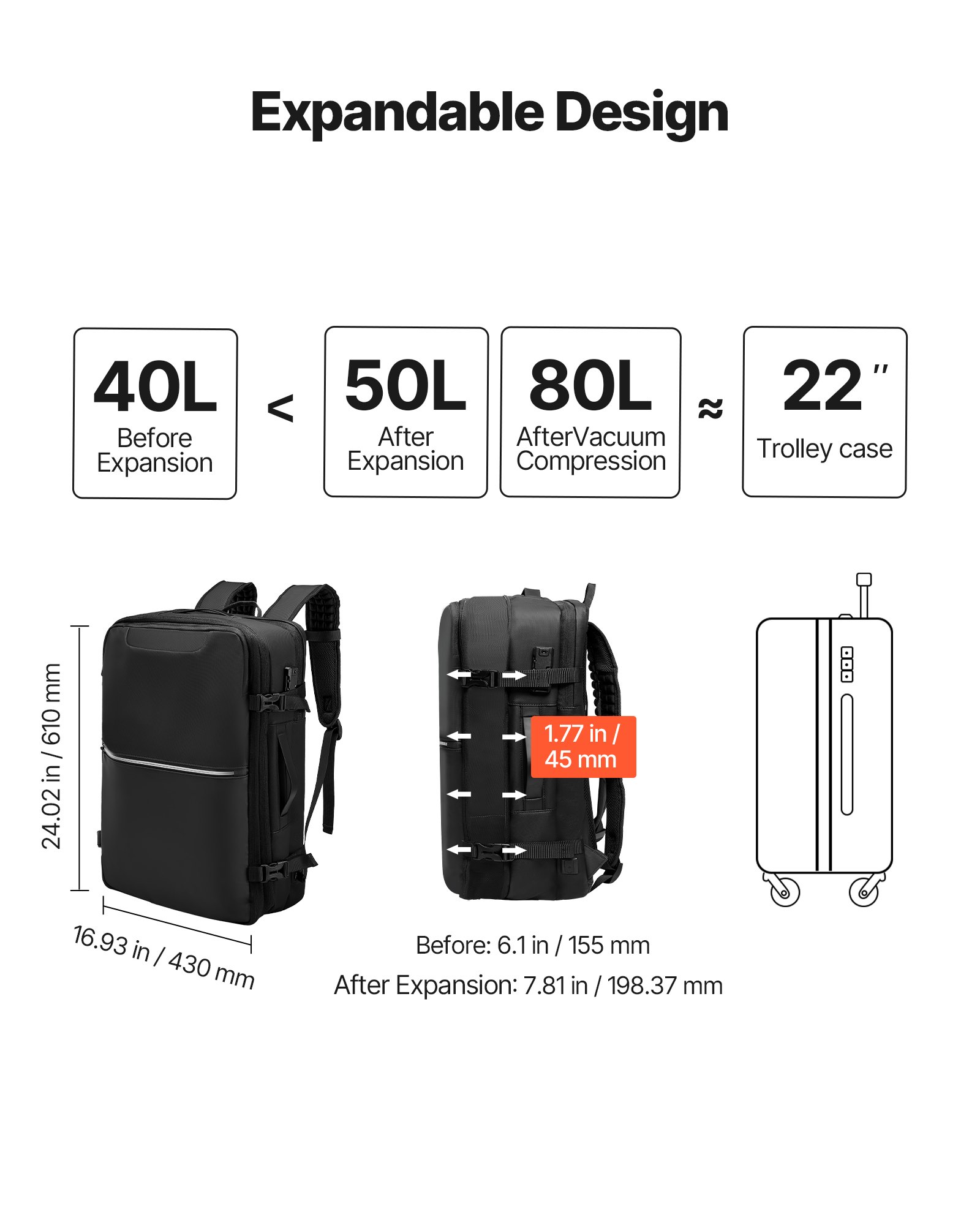 VEVOR Vacuum Travel Backpack, 80L, Expandable Vacuum Seal Compression Travel Backpack with Pump, with TSA-Approved Lock, Airback Vacpack, Water-Resistant Carry-On Suitcase Luggage, for Business, Black