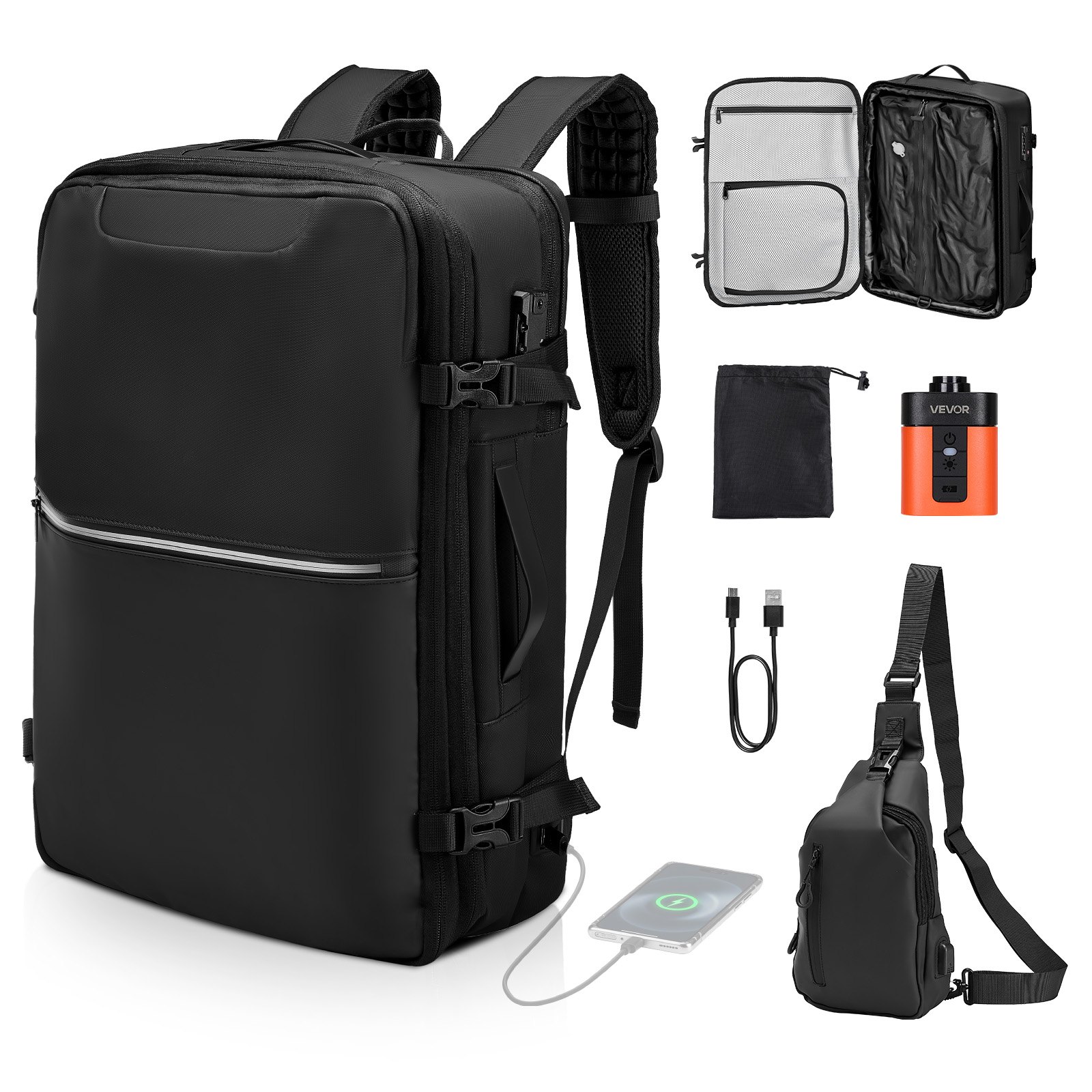 VEVOR Vacuum Travel Backpack, 80L, Expandable Vacuum Seal Compression Travel Backpack with Pump, with TSA-Approved Lock, Airback Vacpack, Water-Resistant Carry-On Suitcase Luggage, for Business, Black