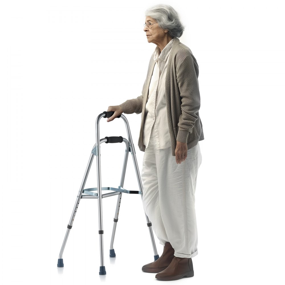 elderly person using VEVOR hemi walker for support, wearing neutral tones, with white background.