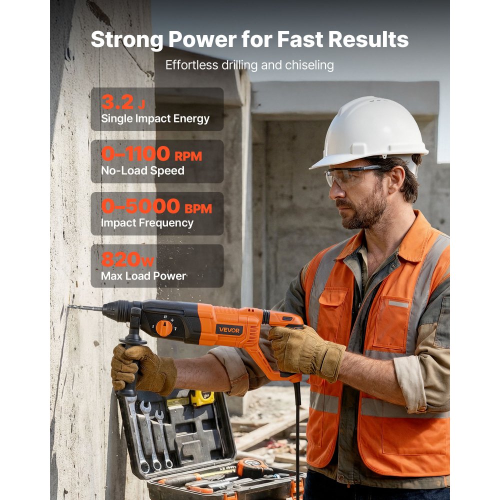 VEVOR Rotary Hammer Drill, 1-1/8 in SDS-Plus Electric Corded Heavy Duty Rotary Hammer, 4 Functions, Including 3 Drill Bits, Flat Chisel, Pointed Chisel, and Carrying Case, for Concrete and Masonry