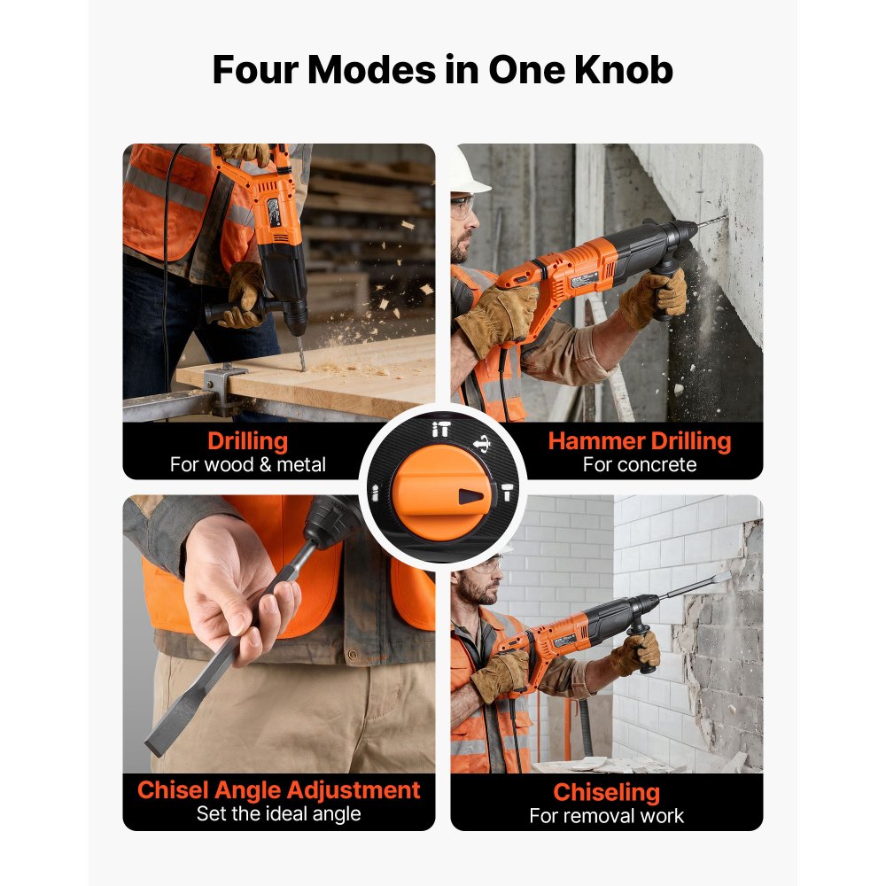 VEVOR Rotary Hammer Drill, 1-1/8 in SDS-Plus Electric Corded Heavy Duty Rotary Hammer, 4 Functions, Including 3 Drill Bits, Flat Chisel, Pointed Chisel, and Carrying Case, for Concrete and Masonry