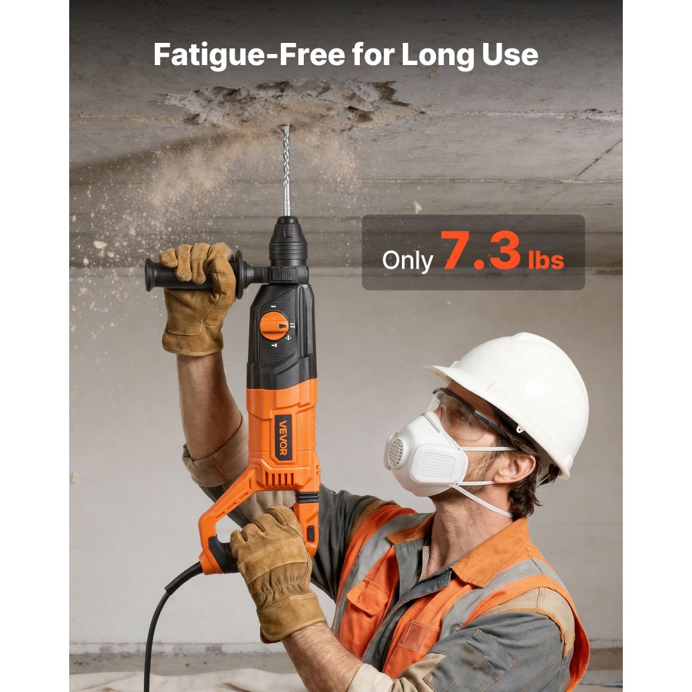 VEVOR Rotary Hammer Drill, 1-1/8 in SDS-Plus Electric Corded Heavy Duty Rotary Hammer, 4 Functions, Including 3 Drill Bits, Flat Chisel, Pointed Chisel, and Carrying Case, for Concrete and Masonry