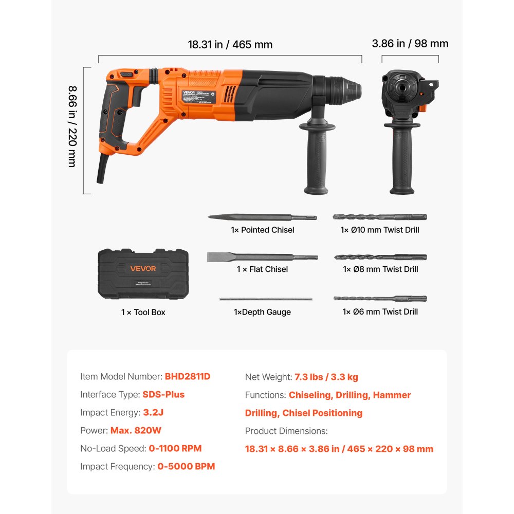 VEVOR Rotary Hammer Drill, 1-1/8 in SDS-Plus Electric Corded Heavy Duty Rotary Hammer, 4 Functions, Including 3 Drill Bits, Flat Chisel, Pointed Chisel, and Carrying Case, for Concrete and Masonry