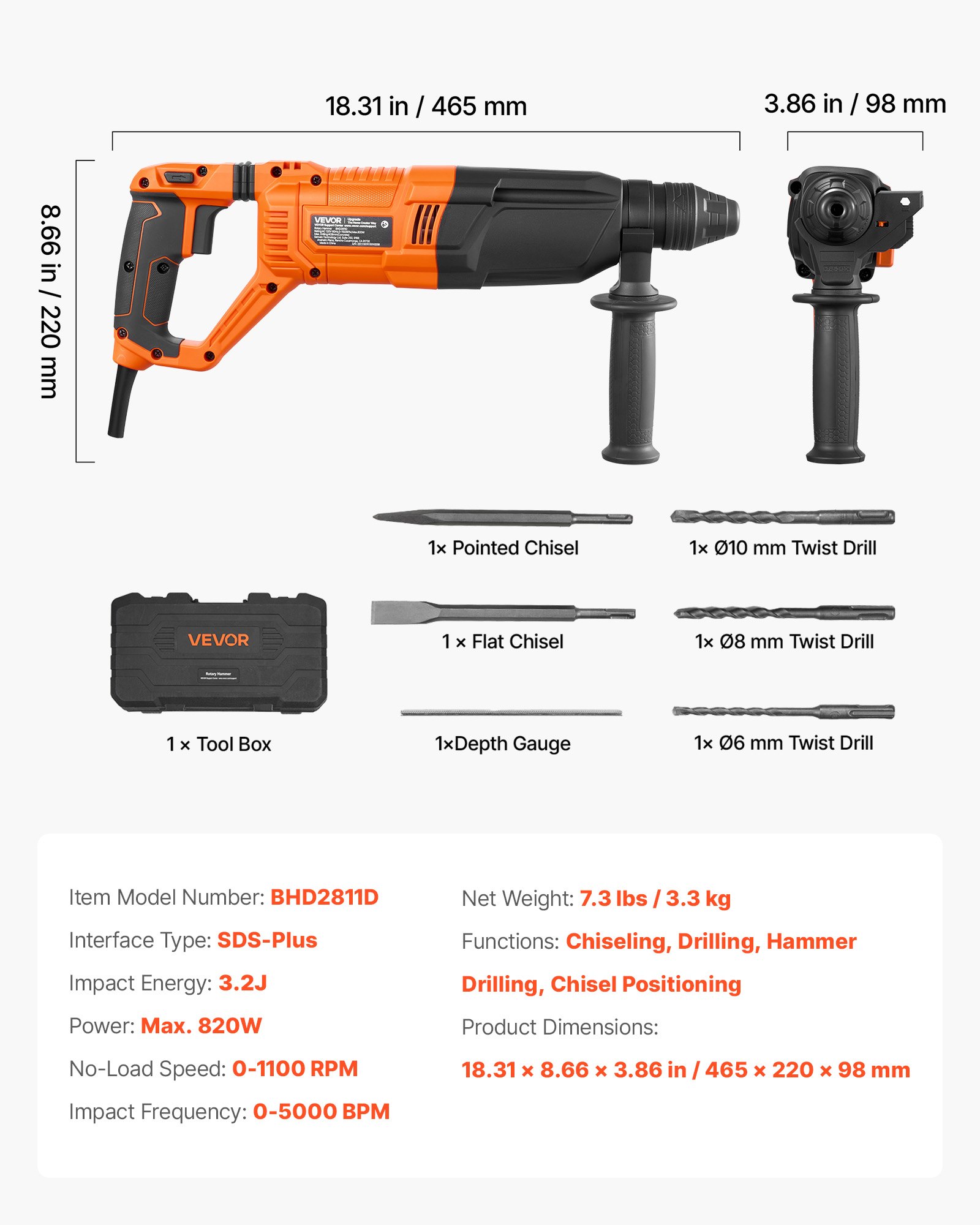 VEVOR Rotary Hammer Drill, 1-1/8 in SDS-Plus Electric Corded Heavy Duty Rotary Hammer, 4 Functions, Including 3 Drill Bits, Flat Chisel, Pointed Chisel, and Carrying Case, for Concrete and Masonry