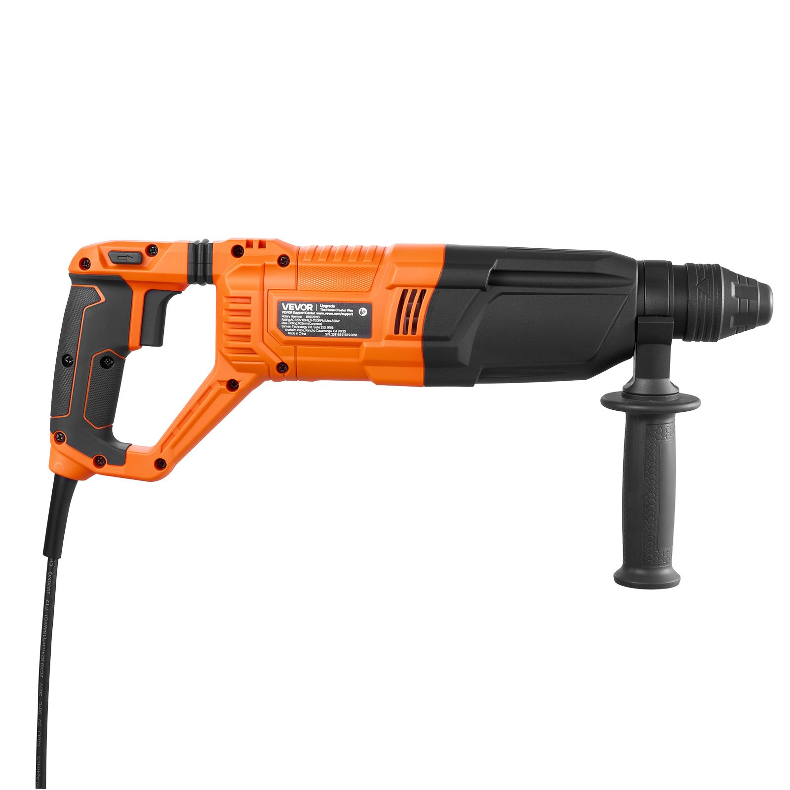 VEVOR Rotary Hammer Drill, 1-1/8 in SDS-Plus Electric Corded Heavy Duty Rotary Hammer, 4 Functions, Including 3 Drill Bits, Flat Chisel, Pointed Chisel, and Carrying Case, for Concrete and Masonry