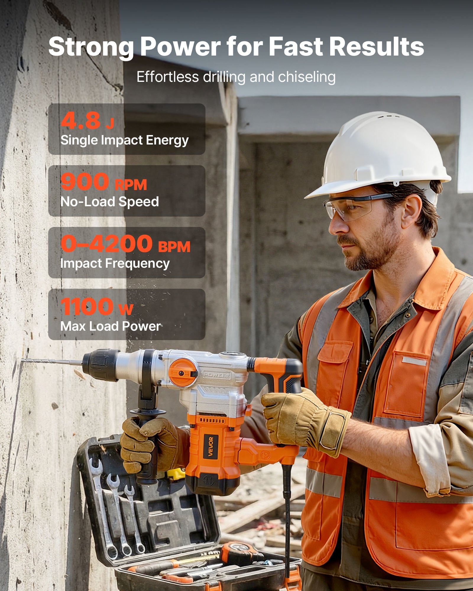 VEVOR Rotary Hammer Drill, 1-1/8 in SDS-Plus Electric Corded Heavy Duty Rotary Hammer, Including 3 Drill Bits, Flat Chisel, Pointed Chisel, Grease, Brush, and Carrying Case, for Concrete and Masonry