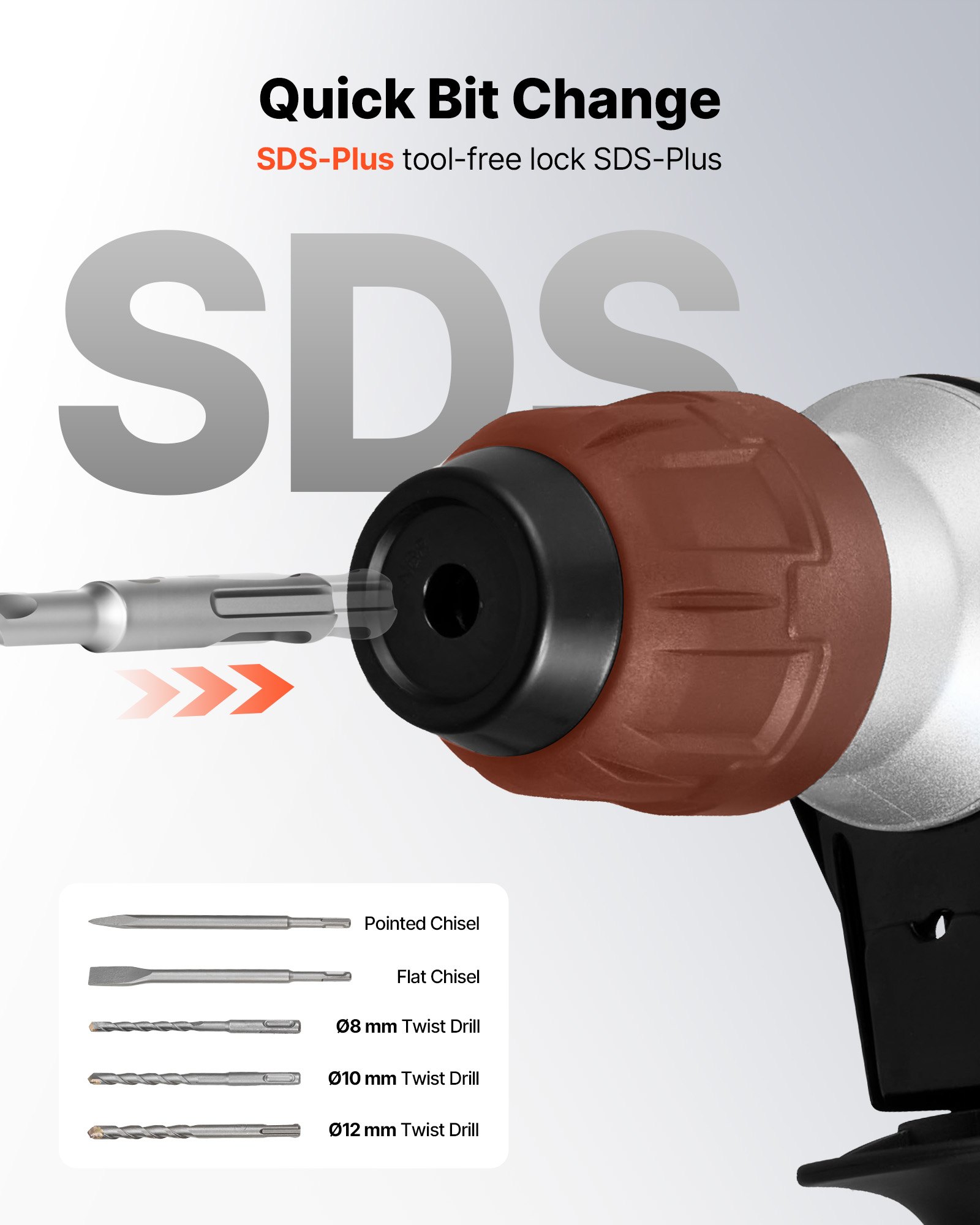 VEVOR Rotary Hammer Drill, 1-1/8 in SDS-Plus Electric Corded Heavy Duty Rotary Hammer, Including 3 Drill Bits, Flat Chisel, Pointed Chisel, Grease, Brush, and Carrying Case, for Concrete and Masonry