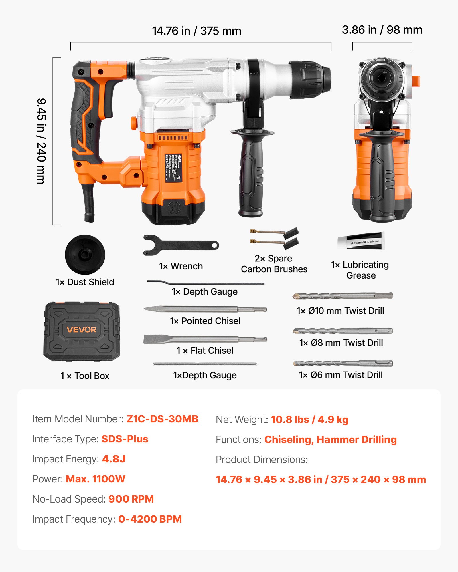 VEVOR Rotary Hammer Drill, 1-1/8 in SDS-Plus Electric Corded Heavy Duty Rotary Hammer, Including 3 Drill Bits, Flat Chisel, Pointed Chisel, Grease, Brush, and Carrying Case, for Concrete and Masonry