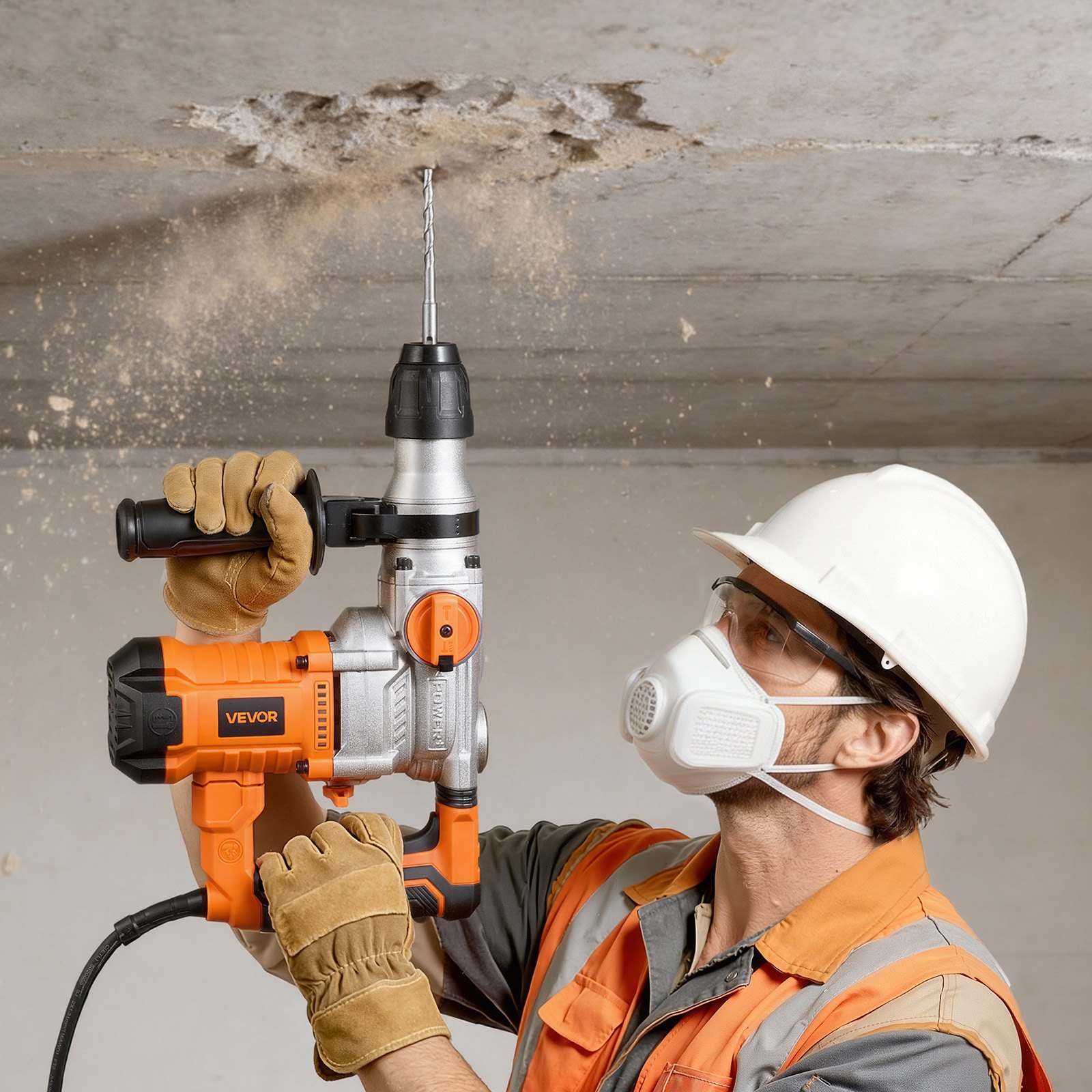 VEVOR Rotary Hammer Drill, 1-1/8 in SDS-Plus Electric Corded Heavy Duty Rotary Hammer, Including 3 Drill Bits, Flat Chisel, Pointed Chisel, Grease, Brush, and Carrying Case, for Concrete and Masonry