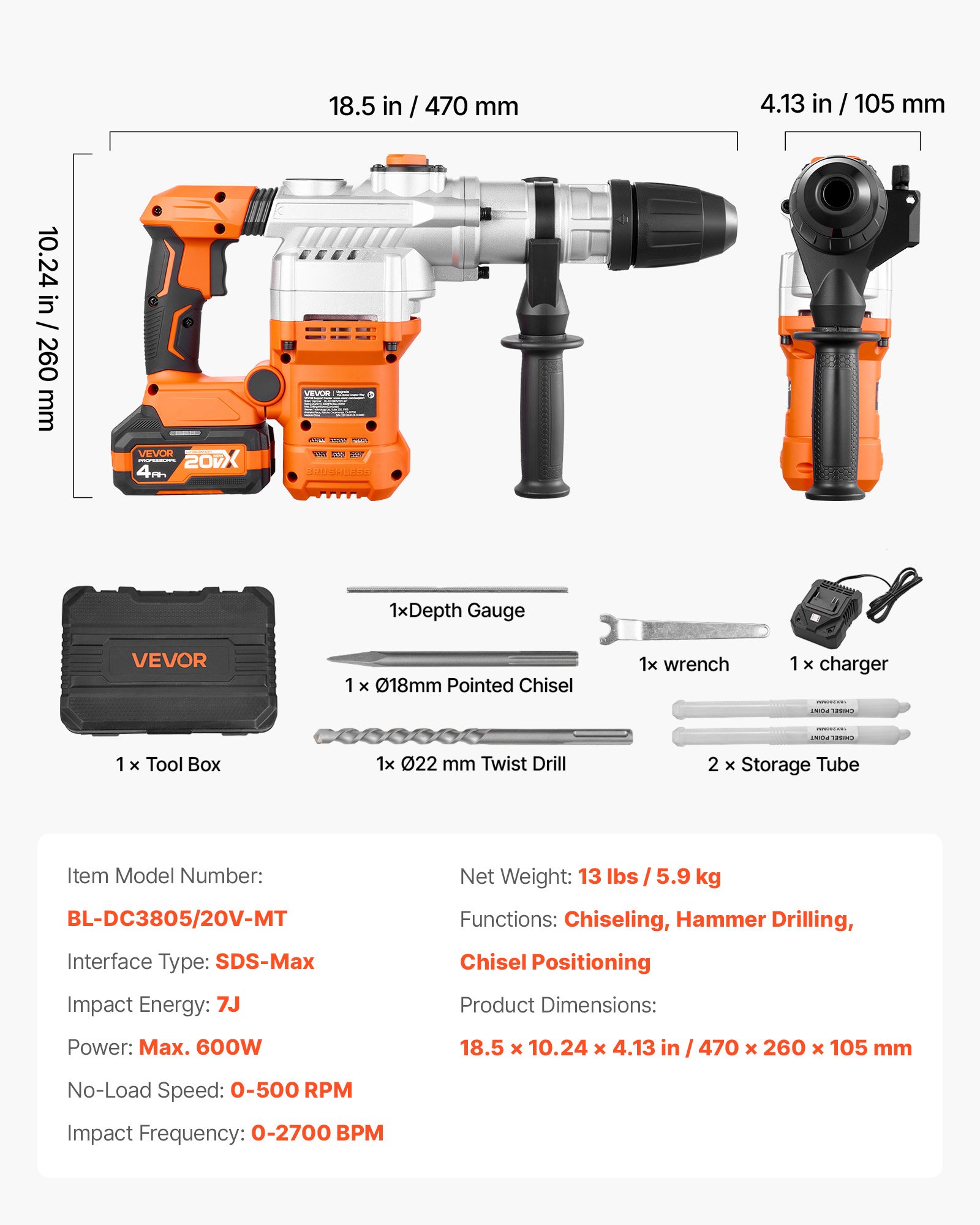 VEVOR Rotary Hammer Drill, 1-9/16 in SDS-Max Cordless, Heavy Duty 20V Battery Powered Rotary Hammer, Including 2 Batteries, Charger, Drill Bit, Pointed Chisel, Carrying Case, for Concrete, Masonry