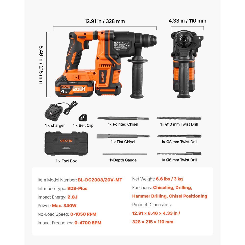 VEVOR Rotary Hammer Drill, 20 mm SDS-Plus Cordless, 20V Battery Powered Rotary Hammer, Brushless, Including Battery, Charger, 3 Drill Bits, Flat Chisel, Pointed Chisel, Carrying Case, for Concrete
