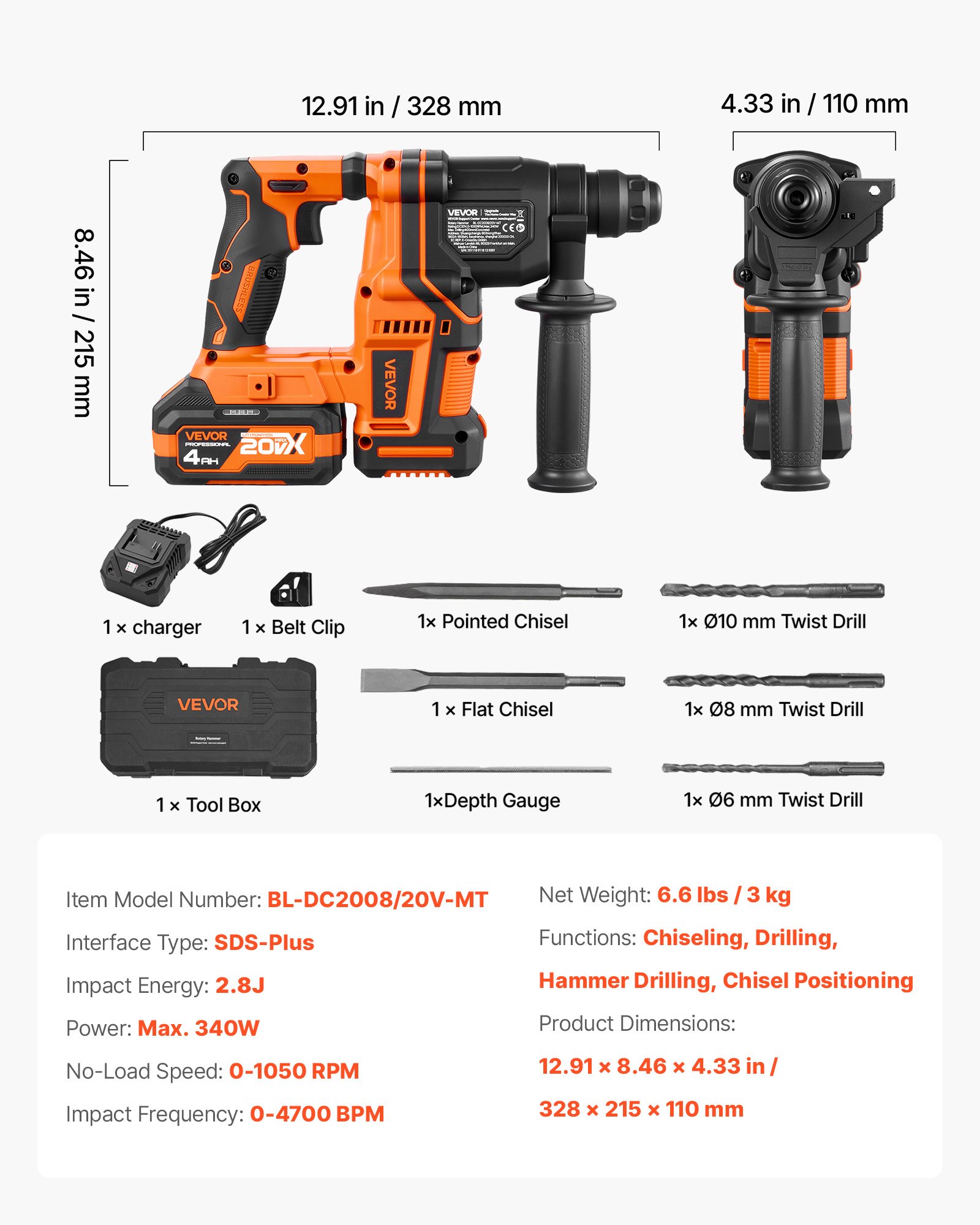 VEVOR Rotary Hammer Drill, 20 mm SDS-Plus Cordless, 20V Battery Powered Rotary Hammer, Brushless, Including Battery, Charger, 3 Drill Bits, Flat Chisel, Pointed Chisel, Carrying Case, for Concrete