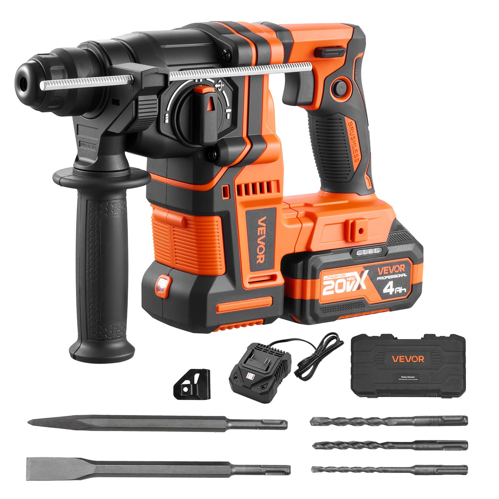 VEVOR Rotary Hammer Drill, 20 mm SDS-Plus Cordless, 20V Battery Powered Rotary Hammer, Brushless, Including Battery, Charger, 3 Drill Bits, Flat Chisel, Pointed Chisel, Carrying Case, for Concrete