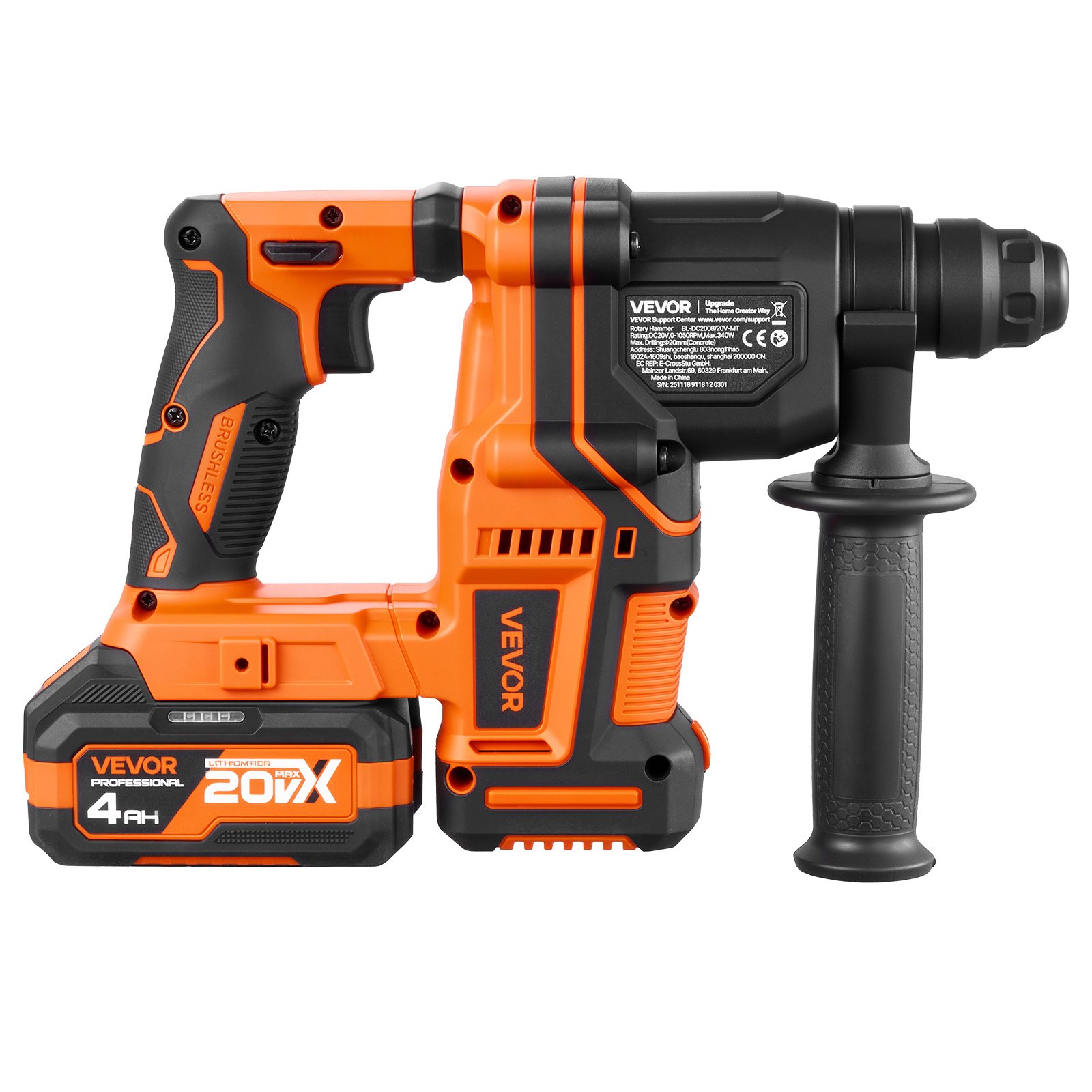 VEVOR Rotary Hammer Drill, 20 mm SDS-Plus Cordless, 20V Battery Powered Rotary Hammer, Brushless, Including Battery, Charger, 3 Drill Bits, Flat Chisel, Pointed Chisel, Carrying Case, for Concrete