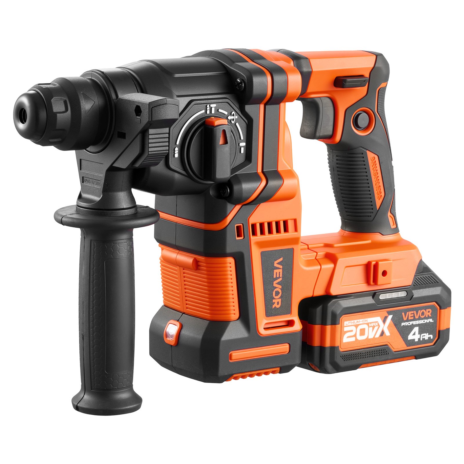 VEVOR Rotary Hammer Drill, 20 mm SDS-Plus Cordless, 20V Battery Powered Rotary Hammer, Brushless, Including Battery, Charger, 3 Drill Bits, Flat Chisel, Pointed Chisel, Carrying Case, for Concrete