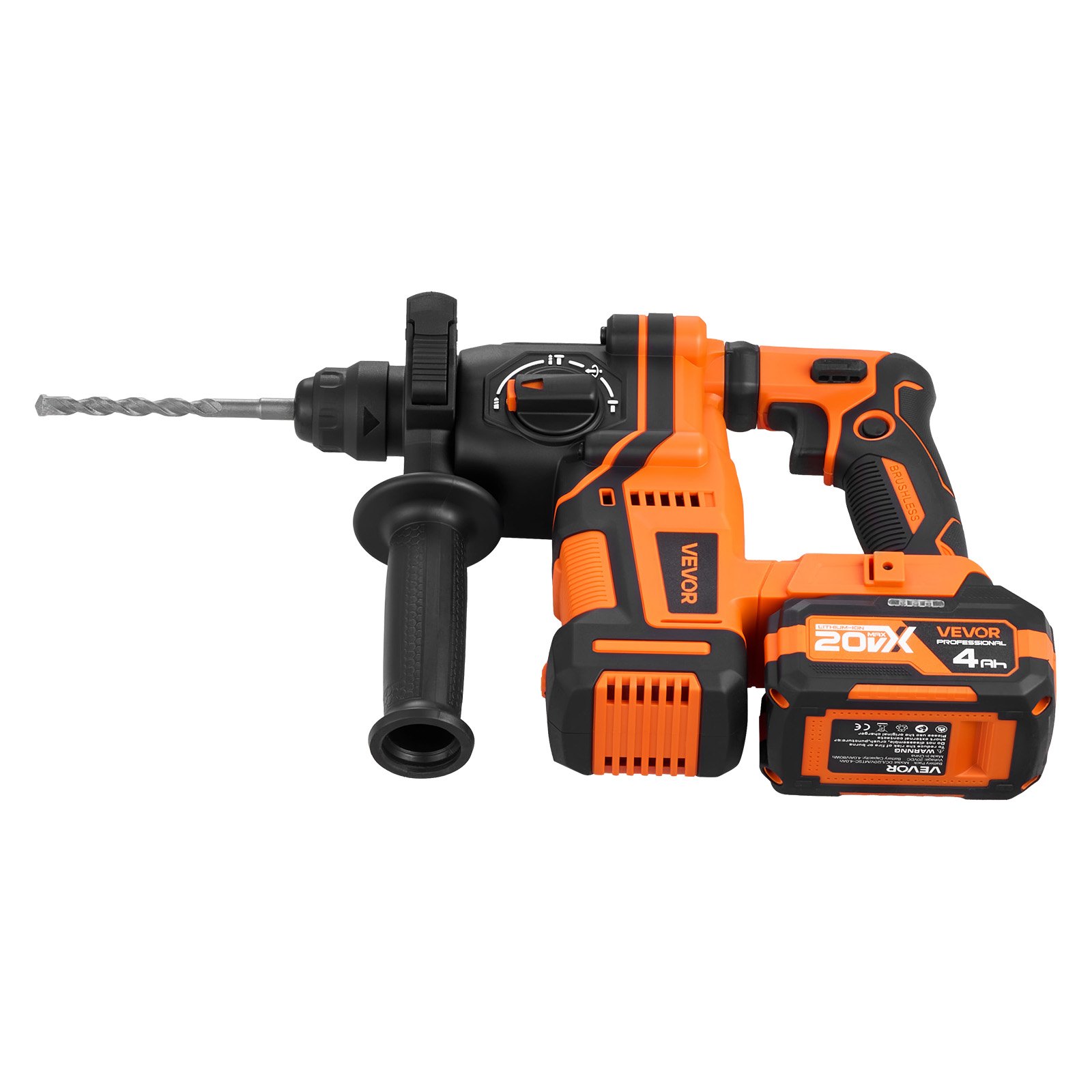 VEVOR Rotary Hammer Drill, 20 mm SDS-Plus Cordless, 20V Battery Powered Rotary Hammer, Brushless, Including Battery, Charger, 3 Drill Bits, Flat Chisel, Pointed Chisel, Carrying Case, for Concrete