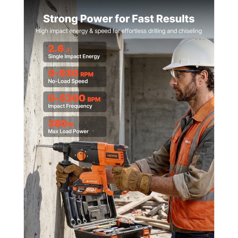 VEVOR Rotary Hammer Drill, 7/8 in SDS-Plus Cordless, 20V Battery Powered Rotary Hammer, Brushless, Including Battery, Charger, 3 Drill Bits, Flat Chisel, Pointed Chisel, Carrying Case, for Concrete