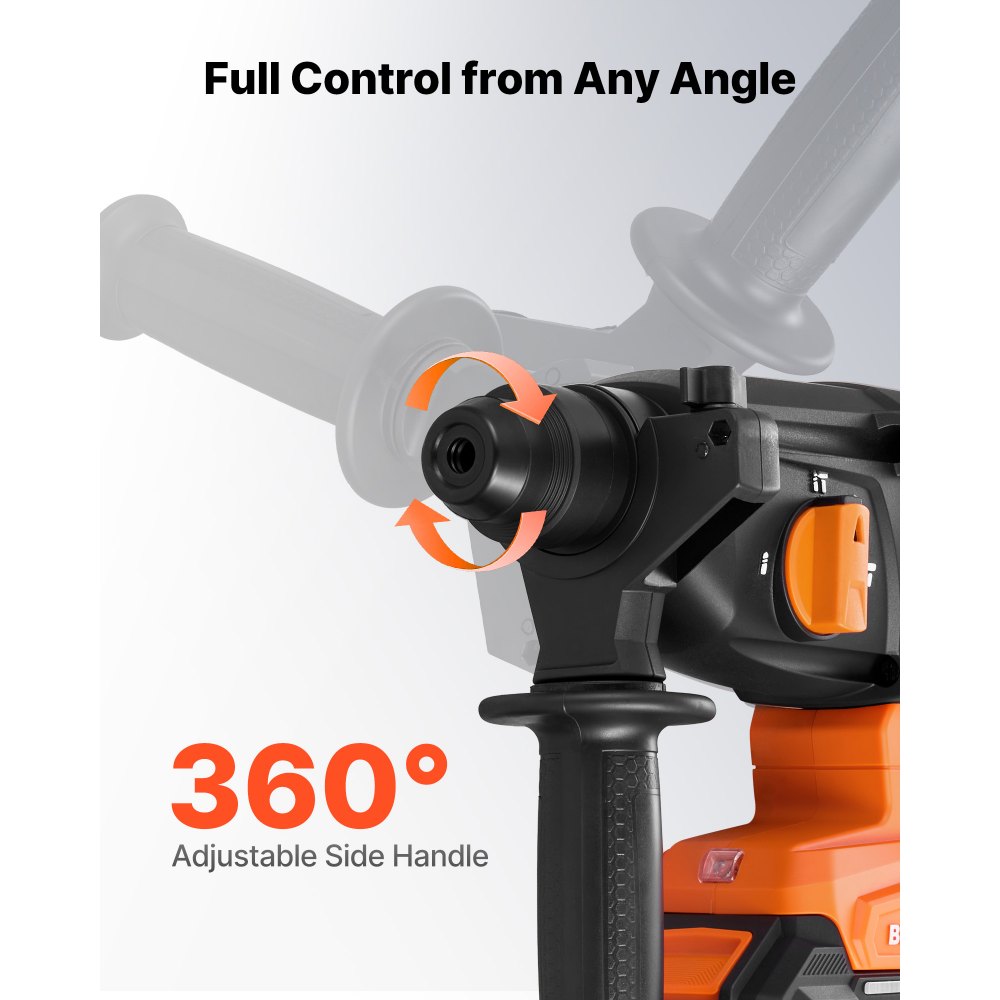 VEVOR Rotary Hammer Drill, 7/8 in SDS-Plus Cordless, 20V Battery Powered Rotary Hammer, Brushless, Including Battery, Charger, 3 Drill Bits, Flat Chisel, Pointed Chisel, Carrying Case, for Concrete