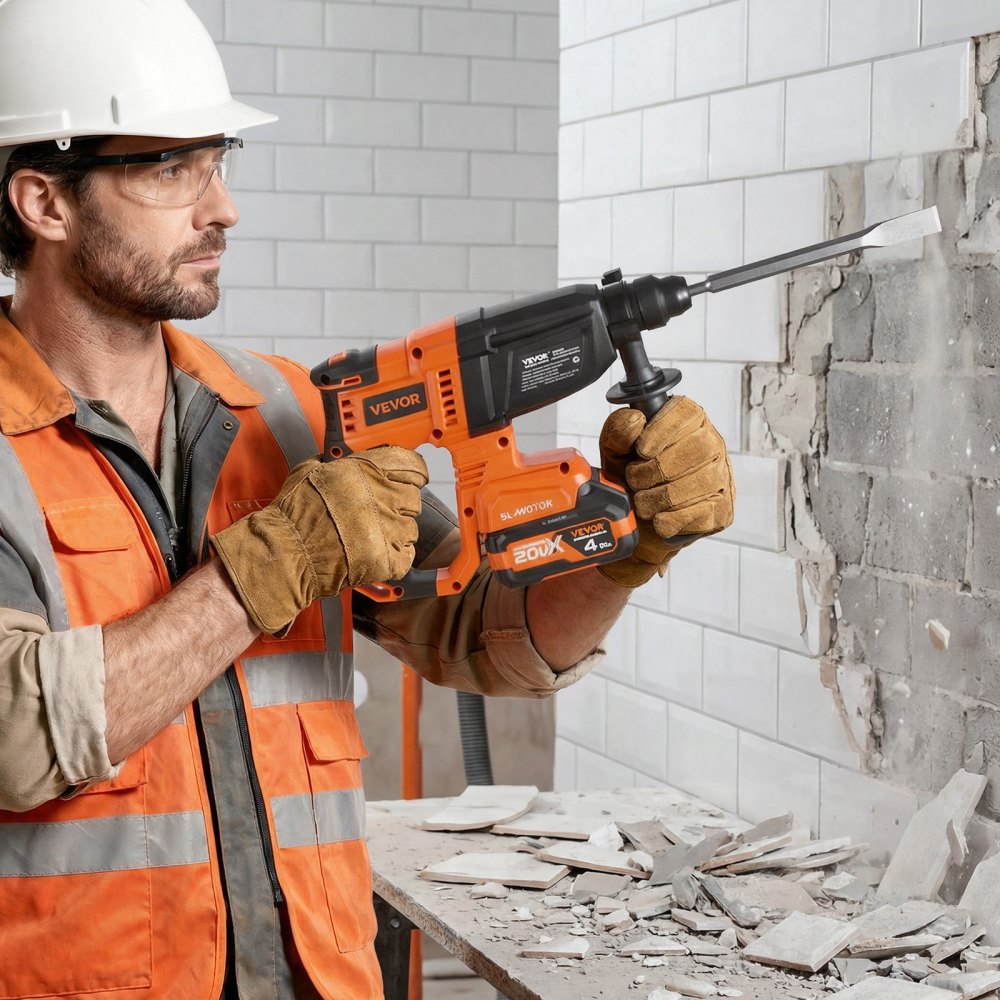 VEVOR Rotary Hammer Drill, 7/8 in SDS-Plus Cordless, 20V Battery Powered Rotary Hammer, Brushless, Including Battery, Charger, 3 Drill Bits, Flat Chisel, Pointed Chisel, Carrying Case, for Concrete