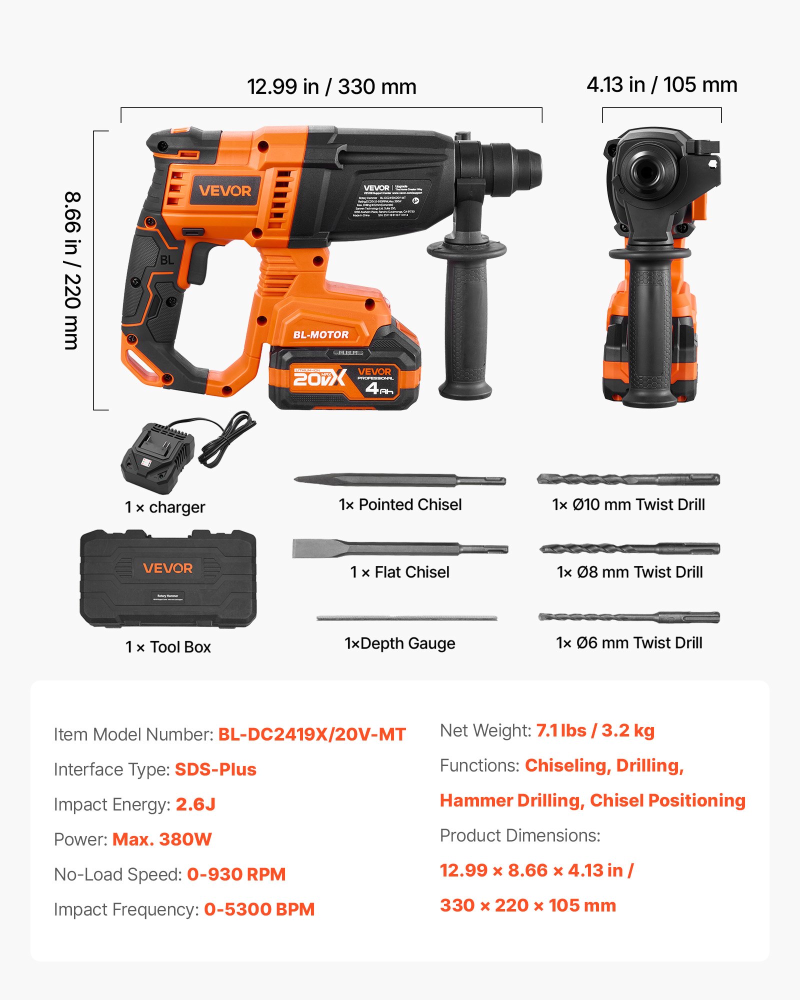 VEVOR Rotary Hammer Drill, 7/8 in SDS-Plus Cordless, 20V Battery Powered Rotary Hammer, Brushless, Including Battery, Charger, 3 Drill Bits, Flat Chisel, Pointed Chisel, Carrying Case, for Concrete