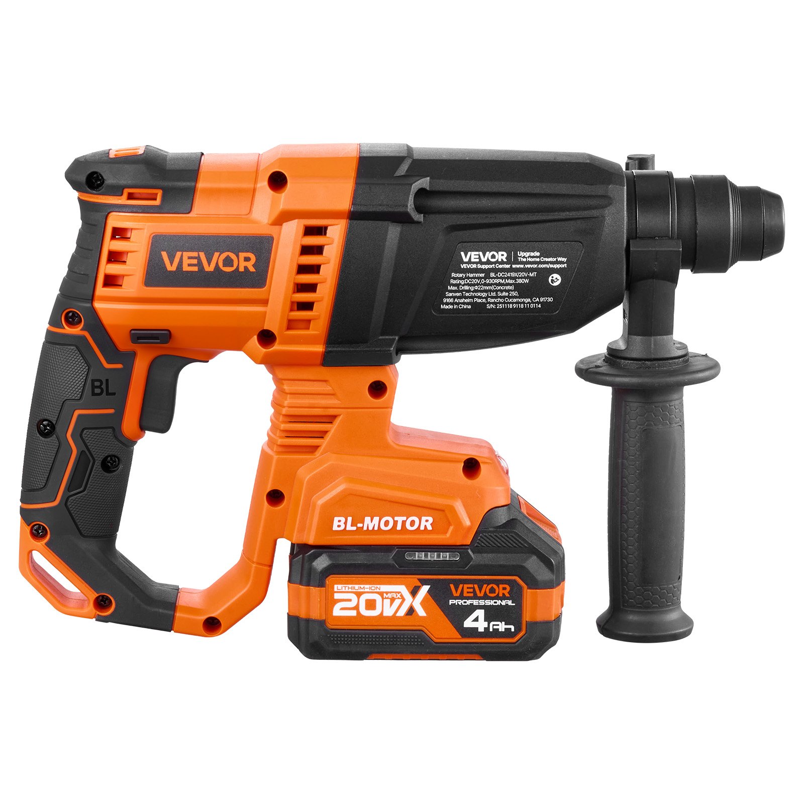 VEVOR Rotary Hammer Drill, 7/8 in SDS-Plus Cordless, 20V Battery Powered Rotary Hammer, Brushless, Including Battery, Charger, 3 Drill Bits, Flat Chisel, Pointed Chisel, Carrying Case, for Concrete
