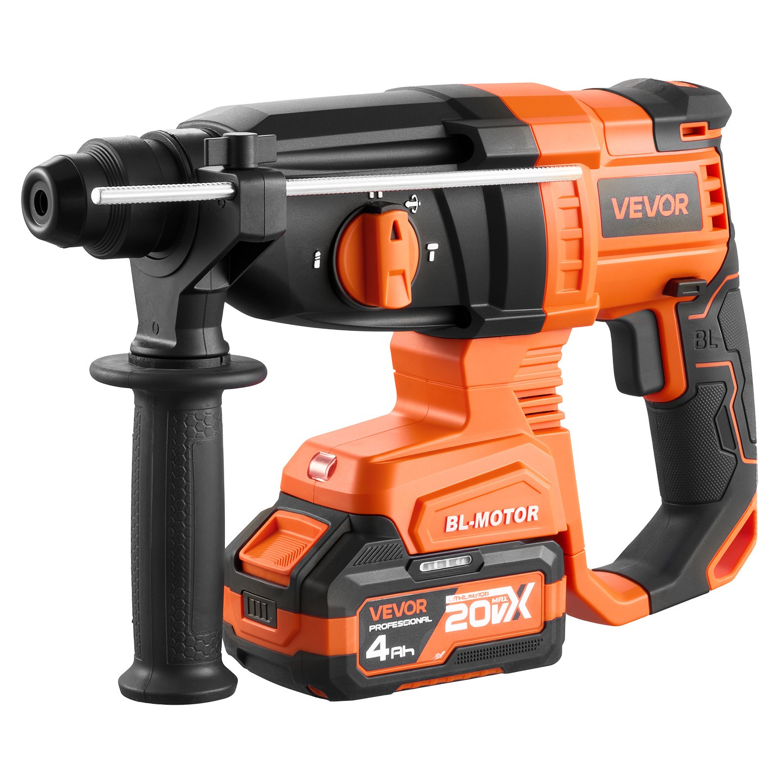 VEVOR Rotary Hammer Drill, 7/8 in SDS-Plus Cordless, 20V Battery Powered Rotary Hammer, Brushless, Including Battery, Charger, 3 Drill Bits, Flat Chisel, Pointed Chisel, Carrying Case, for Concrete