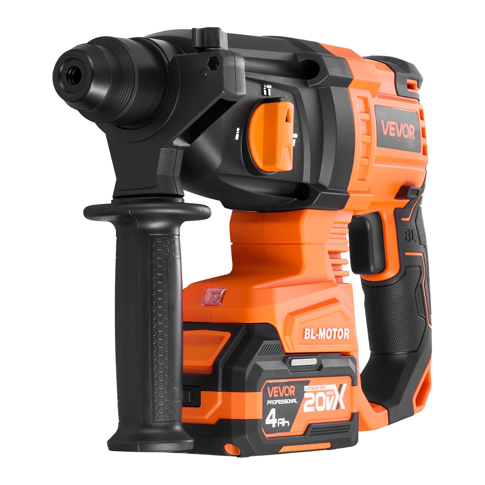 VEVOR Rotary Hammer Drill, 7/8 in SDS-Plus Cordless, 20V Battery Powered Rotary Hammer, Brushless, Including Battery, Charger, 3 Drill Bits, Flat Chisel, Pointed Chisel, Carrying Case, for Concrete