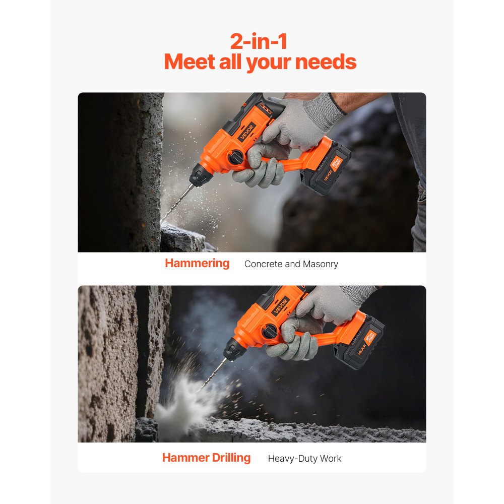 VEVOR 20V Cordless Hammer Drill, Lithium-Ion 0.6 Inch Rotary Hammer Driver, SDS-Plus Electric Lightweight Power Tool Kit with Battery and Charger, 2 Functions, 1000 RPM, 5100 BPM