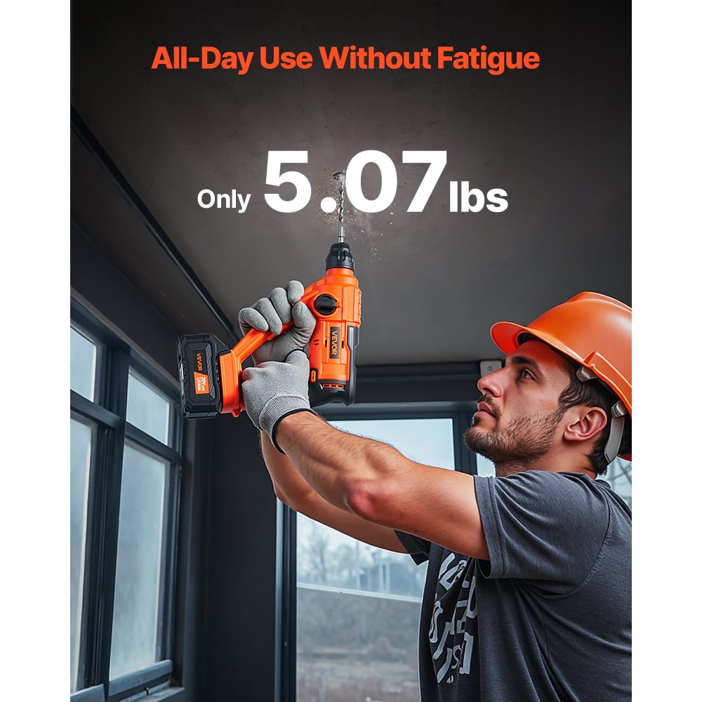 VEVOR 20V Cordless Hammer Drill, Lithium-Ion 0.6 Inch Rotary Hammer Driver, SDS-Plus Electric Lightweight Power Tool Kit with Battery and Charger, 2 Functions, 1000 RPM, 5100 BPM